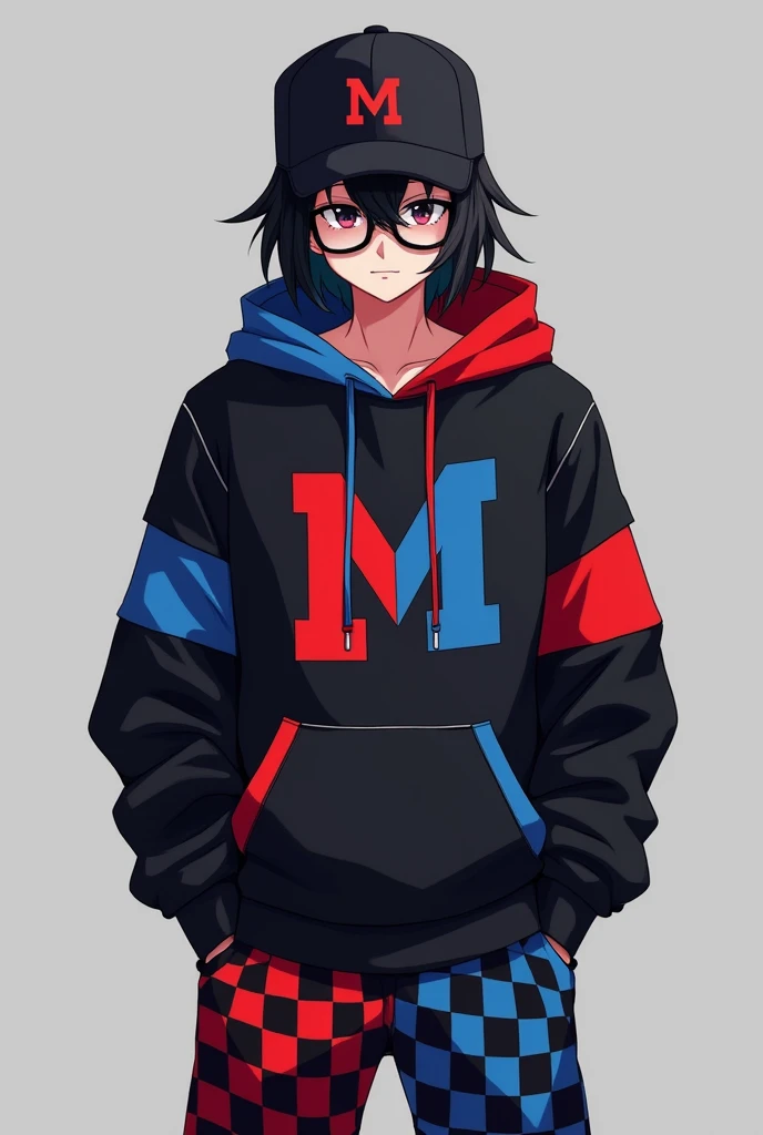 Make it. Anime skin using a half black and red hoodie and the letter M Half red and half blue in the middle of the hoodie and wearing black glasses and red and black chess pants And wearing a hat that says TNT