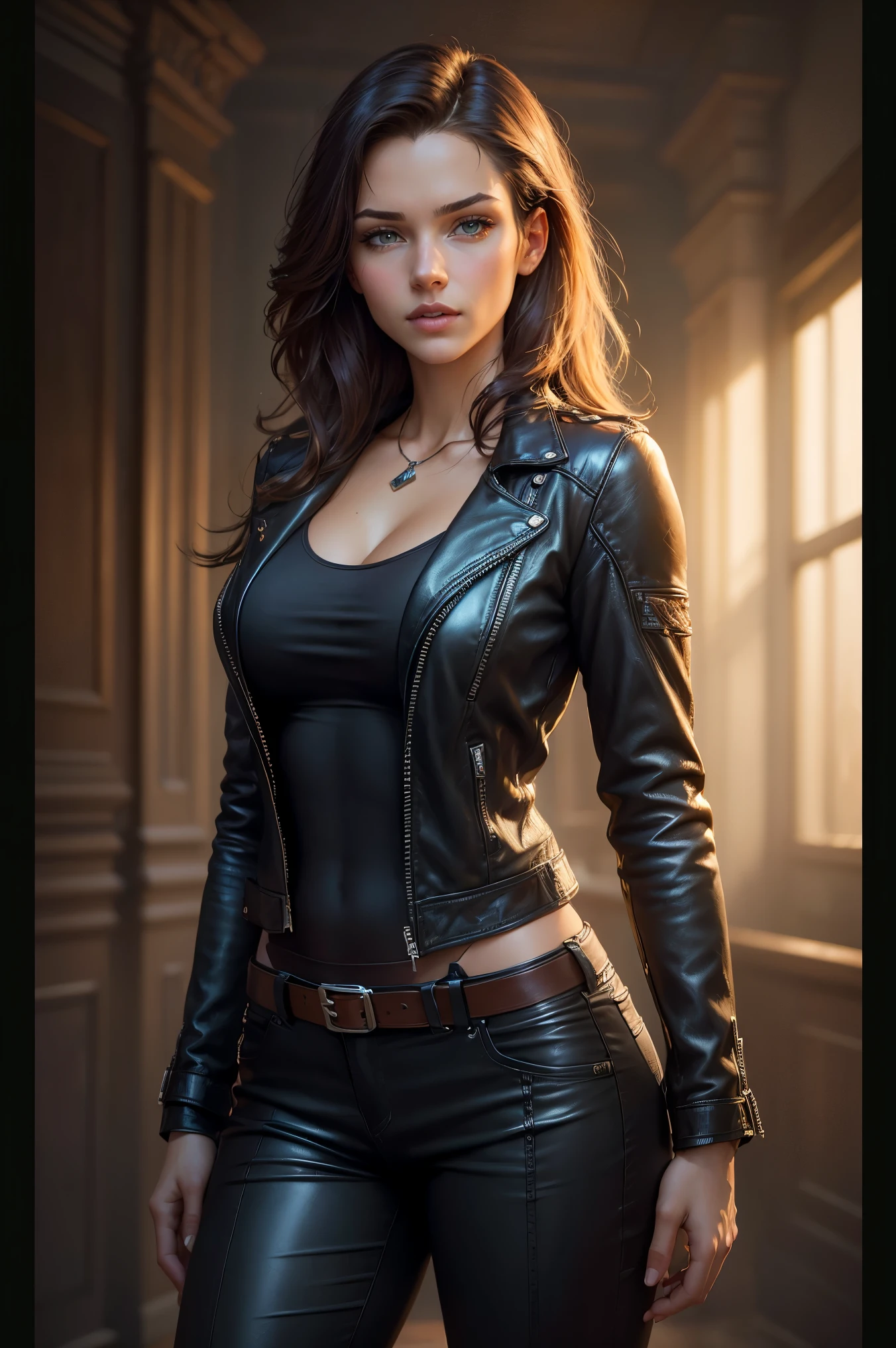 photorealism, full body, a young woman, large breasts, big butt, puffer down jacket & pants, leather, beautiful realistic eyeantastic face, beautiful look, Michael Garmash, Daniel F Gerhartz, Storybook style, warm dreamy lighting, white background, volumetric lighting, pulp adventure style, fluid acrylic, dynamic gradients, vivid color, illustration, highly detailed vector curves, , smooth and clean, vector art, smooth, Johan Grenier, character design, 3d shading, cinematic, ornate patterns, elegant organic framing, hyperrealism, posterized, collection of masterpieces, lush vivid colors, twilight, wet gouache
