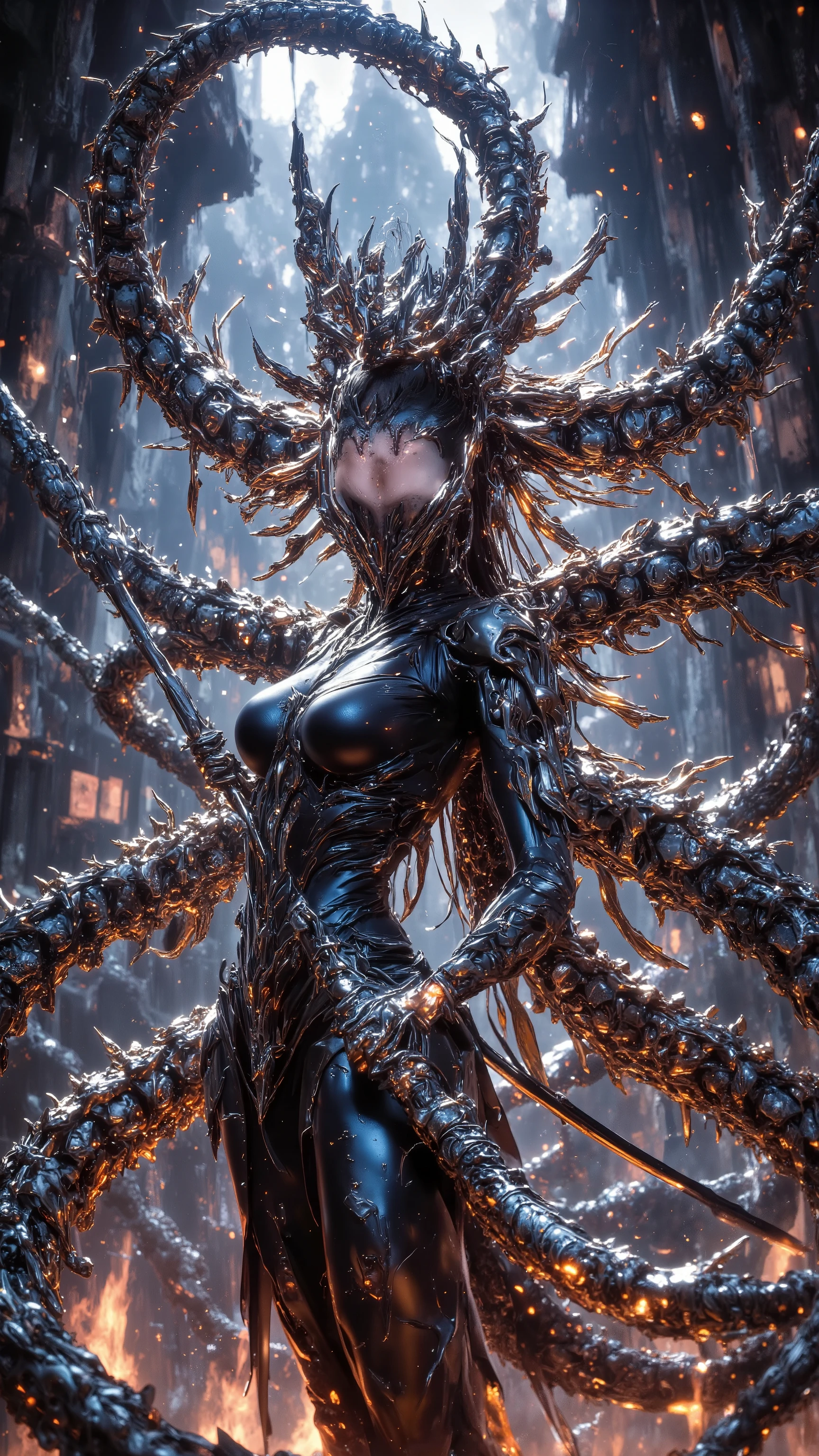 (naked), ((Top quality)), ((masterpiece)), (Details:1.4), .。.。.。.。.3D, Beautiful cyberpunk woman image,north african trade zone(High Dynamic Range),Ray tracing,NVIDIA RTX,Super Resolution,Unreal 5,Subsurface scattering,PBR Textures,Post-processing,Anisotropic filtration,Depth of Field,Maximum clarity and clarity,Multi-layered textures,Albedo and specular reflectograms,Surface shading,Accurately simulate the interaction of light and matter,Perfect proportions,Octane Rendering,Two-color lighting,Large aperture,Low ISO、White Balance、Rule of Thirds、8K Native..(((The tentacles clinged to his body)))(((covered with tentacles)))((()))((( Tentacle Integration)))
