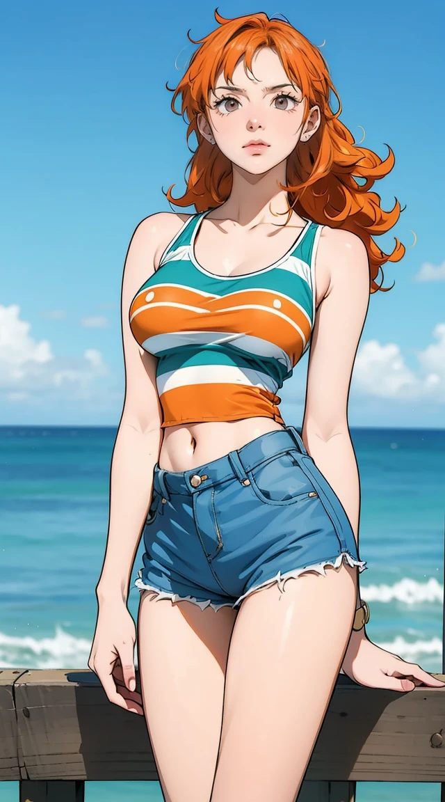 Yunjin Huh (le sserafim), medium orange hair, wavy hair, sidelocks, fair skin, brown eyes, cutely pouting lips, red lips (full lips), gold hoop earrings, slim waist, big breasts ((giant breasts:0.9)), wide hips, sleeveless, ((green sweater)) cropped sweater, midriff, (light blue denim shorts), bent over selfie, from front, facing camera, at the beach, palm trees, wide shot ((masterpiece, curvilinear, 8K))