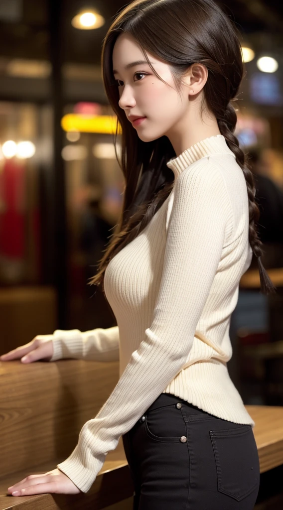 (ultra realistic,32k, masterpiece:1.2),(high detailed skin:1.1),( 8k uhd, dslr, high quality:1.1),
1girl,black hair, pixie cut (high waist pleated denim ripped miniskirt with bug oversized trenchcoat white long slevee sexy turtleneck top masacara, (red lips:0.8), small sexy breast, white thigh high boots same posing position
(looking at viewer, standing, from above:1.1),, (upper body:1.1), same posing position hands apart
,(ambient lighting:1.1), luxury restaurant date night setting sitting having dinner with cocktail