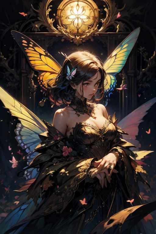 "A stunning anthropomorphic butterfly, with intricate details and realistic textures. She stands tall and confident, with a graceful pose and glowing butterfly wings. The surroundings are filled with vibrant floral and insect life, adding to the overall beauty of the piece. The lighting creates a soft, ethereal atmosphere, making this artwork truly mesmerizing."