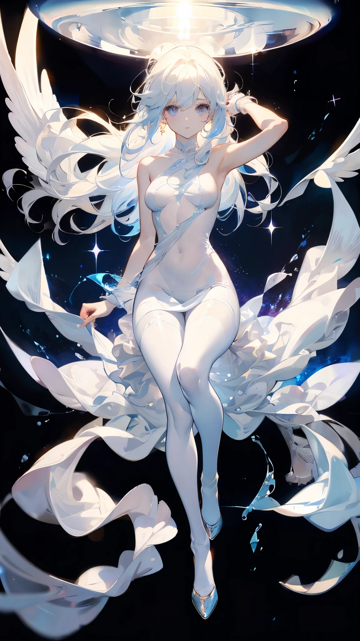 Tsundere 18 year old girl, beautiful and delicate eyes, beautiful lips, very detailed 눈과 얼굴, long eyelashes, 1girl, white cat ears, foot long bag, Front view, Red-eye, (top quality, 4K, 8K, high resolution, masterpiece:1.2), very detailed, (realistic인, realistic인, realistic인, realistic인, realistic: 1.37), very large breasts, elegant, fantasy, white background, I can see my armpits, white hair, hip