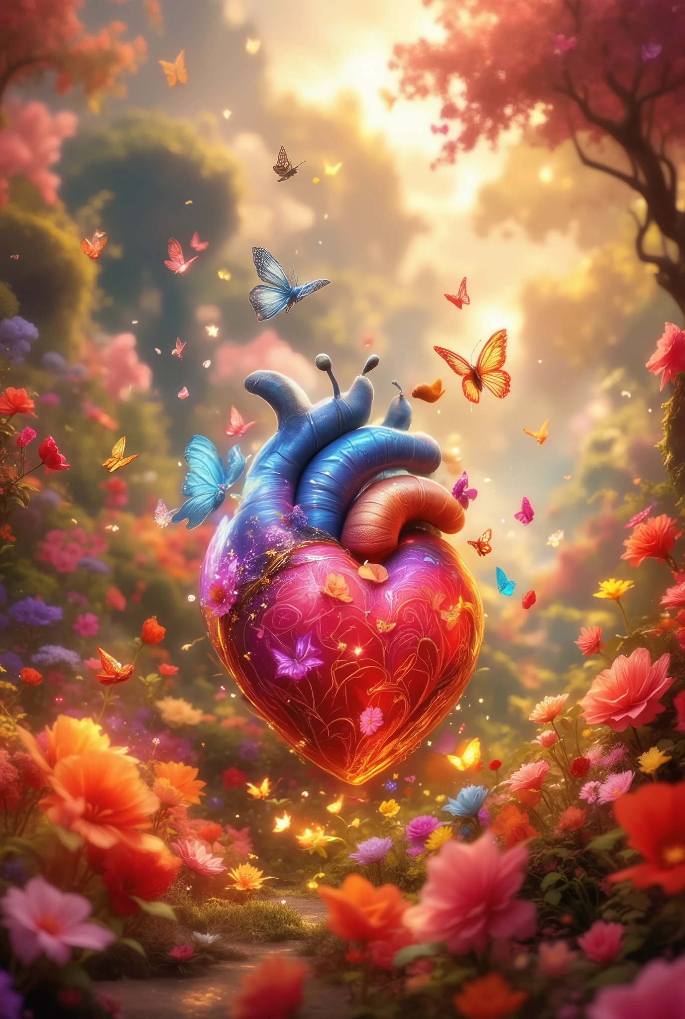 Hearts flowers butterflies , beautiful colors , rich colors , 8 k, Best quality , complicated details, masterpiece, beautiful wallpapers , cute, warm and beautiful,
