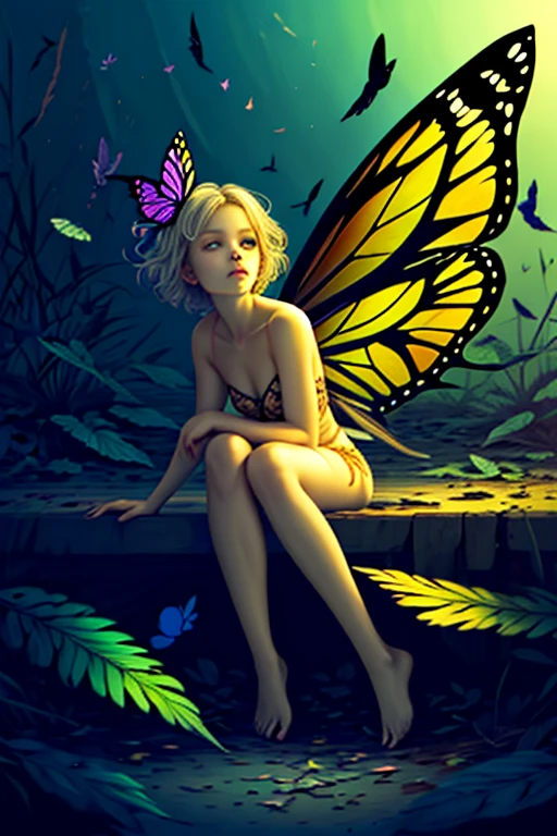 a digital artwork depicting a fantasy scene set in a lush, mystical forest. The central figure is a nude woman with long, flowing black hair lying stomach down on a moss-covered tree branch. She has a slender yet curvaceous physique with prominent breasts and a toned, muscular build. Her skin is a light tan color, and she has intricate, colorful tattoos on her arms and thighs, adding an exotic and tribal touch to her appearance.Above her head, a large, blue and yellow butterfly with delicate wings flutters, adding an ethereal element to the scene. Surrounding her are other butterflies in various colors, including white, yellow, and blue, which create a sense of movement and life in the otherwise still image. The woman's expression is serene, looking at the viewer and a slight smile.The background is a vibrant blend of greens, blues, and purples, suggesting a dense, enchanted forest. The tree branches twist and curve organically, giving a sense of natural growth and wildness. The texture of the moss and bark is detailed, adding a tactile quality to the image. The overall style of the artwork is highly detailed and realistic, with a strong emphasis on color and light to create a magical, otherworldly atmosphere.