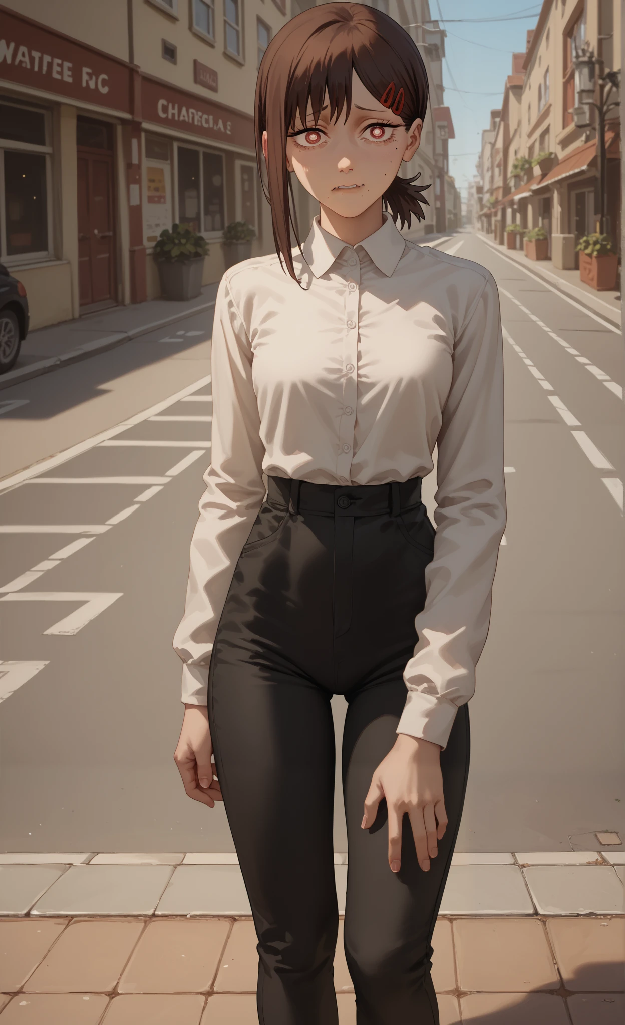((kobeni higashiyama)), ((chainsaw man)), ((masterpiece)), ((high resolution)), ((solo portrait)), {(attractive figure), (slim body), (mole under lip), (mole on left cheek), (two moles under right eye), (short brown hair), (cute maroon eyes), (small white pupils), (nervous look)}, {(white button-up shirt), (long sleeves), (tight black pants)}, {(standing), (looking at viewer)}, ((street)), ((sidewalk))