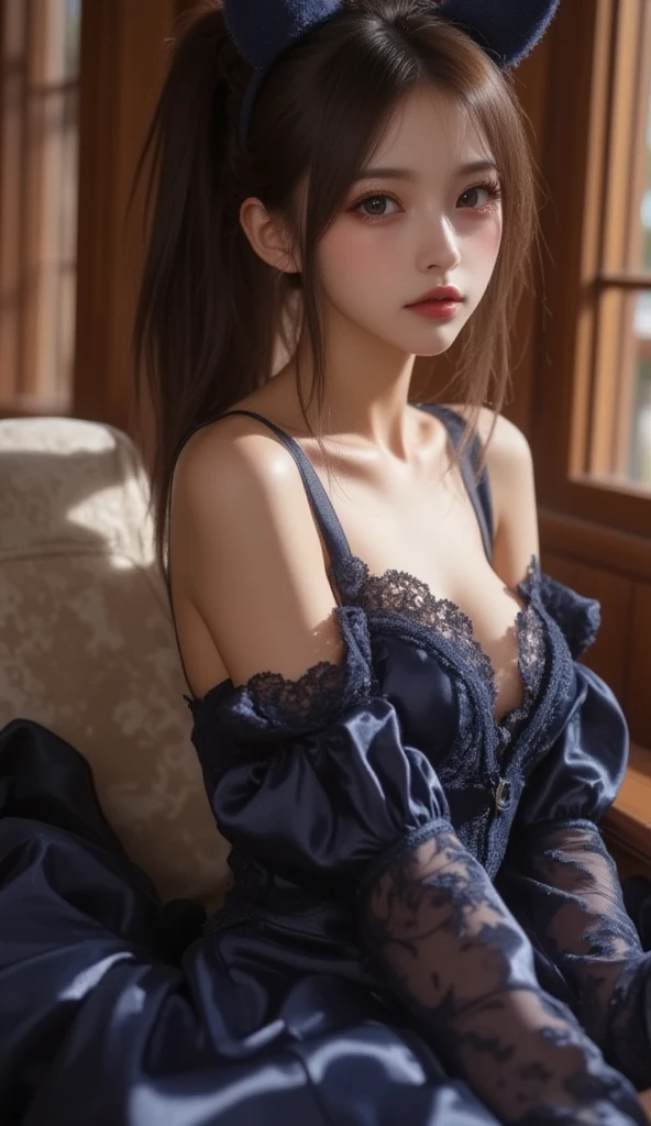 (best quality, masterpiece:1.3), (actual, photo actual:1.3), ultra high resolution, ultra high definition, Extremely detailed CG unified 8k wallpaper, (actual skin, Delicate skin), (perfect anatomy), (official art, Beautiful and beautiful), (generous smile:1.3), (seductive face:1.3), (korean woman:1.3), alone, depth of field, bedroom，(big breasts:1.1)，(cowboy shot:1.5)，（sheer nightgown:1.1), （curvy hips:1.1), (collar), (naturally look at camera:1.3), (blunt bangs:1.5)