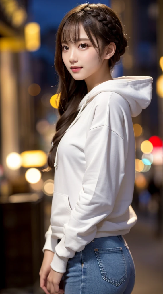 Non-NSFW、Real、Highest quality、Highest quality、masterpiece、Ultra-high resolution、RAW Photos、Real、Bright lighting、Face Light、Smooth Professional Lighting、Looking into the camera、alone、Adult women、Beautiful woman、Super Beauty、Realな肌、Moisturized Skin、Realな目と顔、Perfect model body、Beautiful Eyes、Big eyes、Inconspicuous tear bags、slim、No bra、Beautiful fingers、Very long hair、Brown Hair、Jet Black Eyes、looks happy、(Both ears are hidden by hair)、Fantasy World、Medieval Europe、(Slender Model)、Cobblestones、(unzips white hoodie:1.4)、(white Hoodie with the front wide open:1.4),high heels、Small Ass、(Large Breasts:1.1)、(Venus' Nipples:1.1)、Königsreuter、Sexy Random Poses、(standing:1.2)、(From above:1.5)