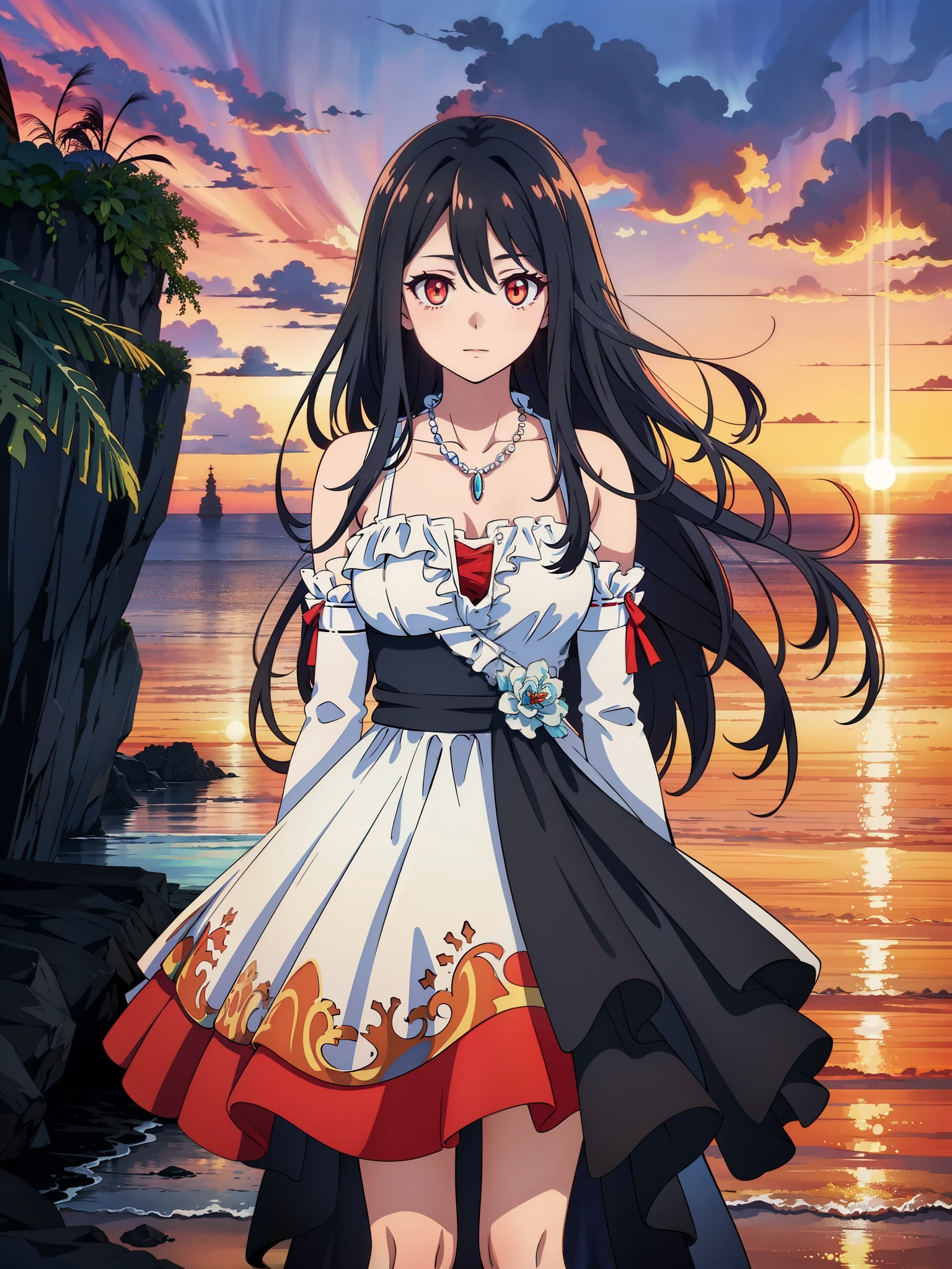 (high-quality, breathtaking),(expressive eyes, perfect face) 1girl, female, solo, ager, black color hair, red highlight in hair, red eye color, short hair length, fluffy spiky hair, Symmetrical Eyes, portrait, positive expression, sunset, red sky, narrow eyes, fingerless glove, dress, necklace, stylized hairstyle, YunaSongstress, lace, detached sleeves, ocean background, embers, gradient tips of dress, slender frame
