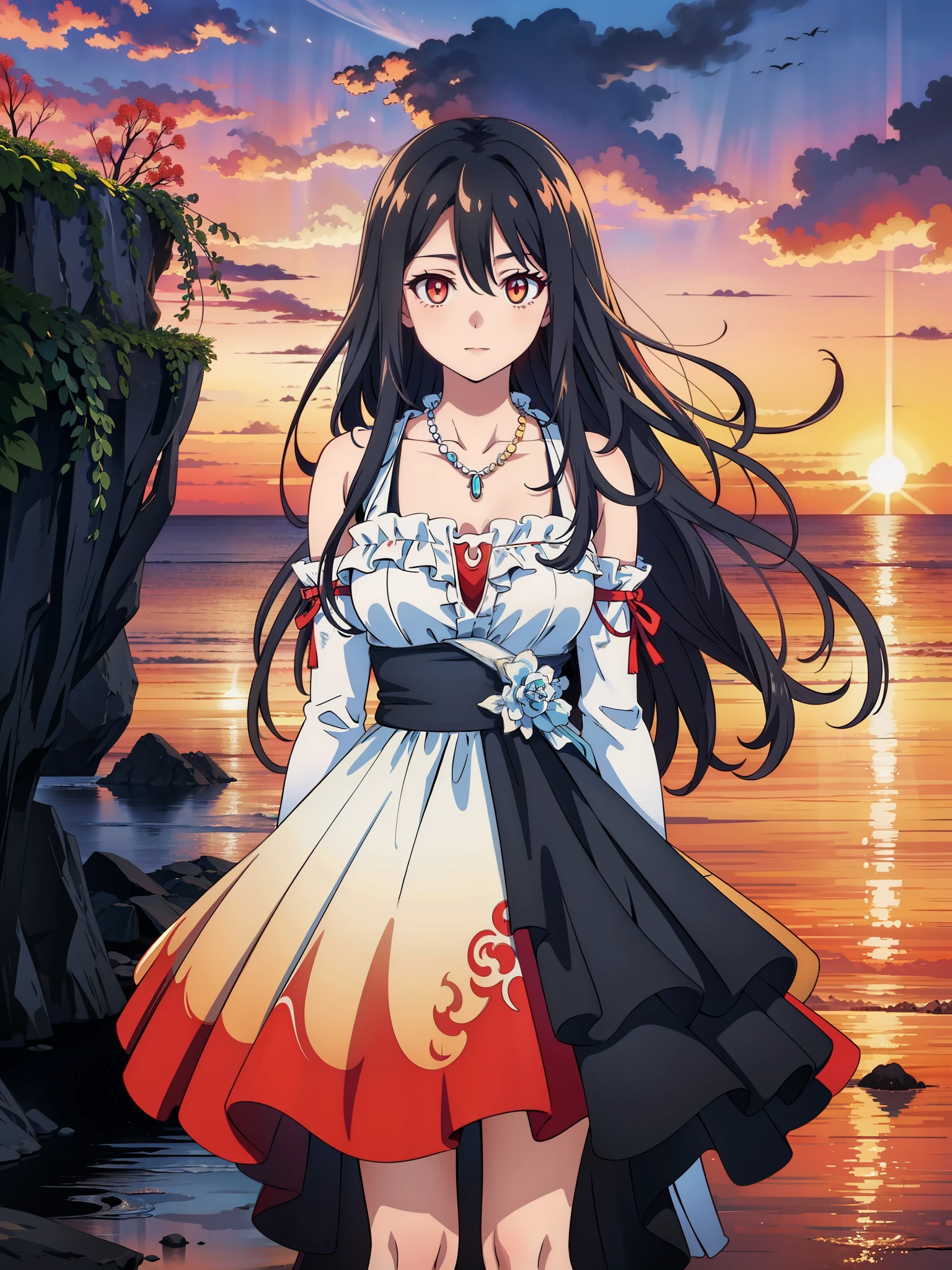(high-quality, breathtaking),(expressive eyes, perfect face) 1girl, female, solo, ager, black color hair, red highlight in hair, red eye color, short hair length, fluffy spiky hair, Symmetrical Eyes, portrait, positive expression, sunset, red sky, narrow eyes, fingerless glove, dress, necklace, stylized hairstyle, YunaSongstress, lace, detached sleeves, ocean background, embers, gradient tips of dress, slender frame