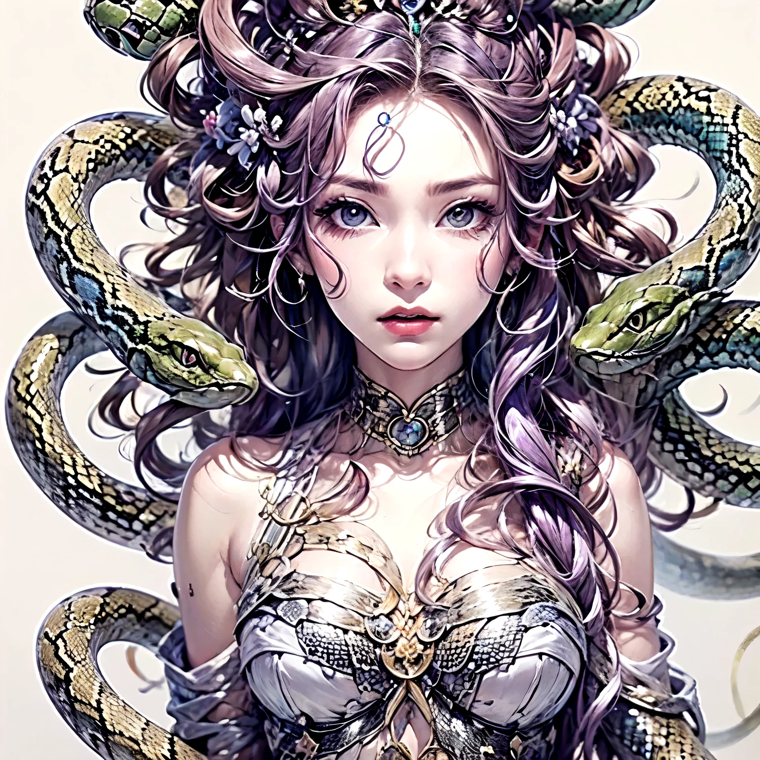 Medusa, hair composed of pink snakes, reddish white eyes, ultra-detailed sea surface, skulls in the reflection of her eyes, background of white stone statues of muscular and mature men, expression of anger and hatred, symbol of the feminine in the center, well-structured female body, golden jewels all over her body