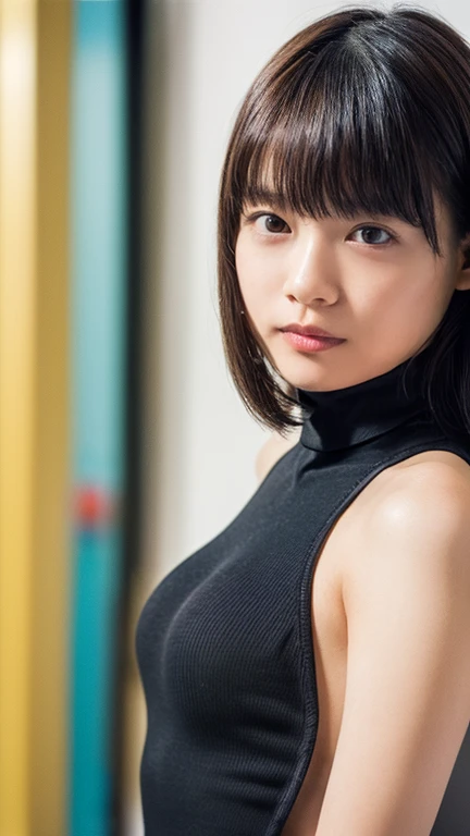 Big Breastsの日本人女性、Blonde、Big Breasts、whole body、front、The most beautiful woman in Japan、He is wearing a black zip-up jersey、Bright eyes with sharp details(Looking into the camera)、
