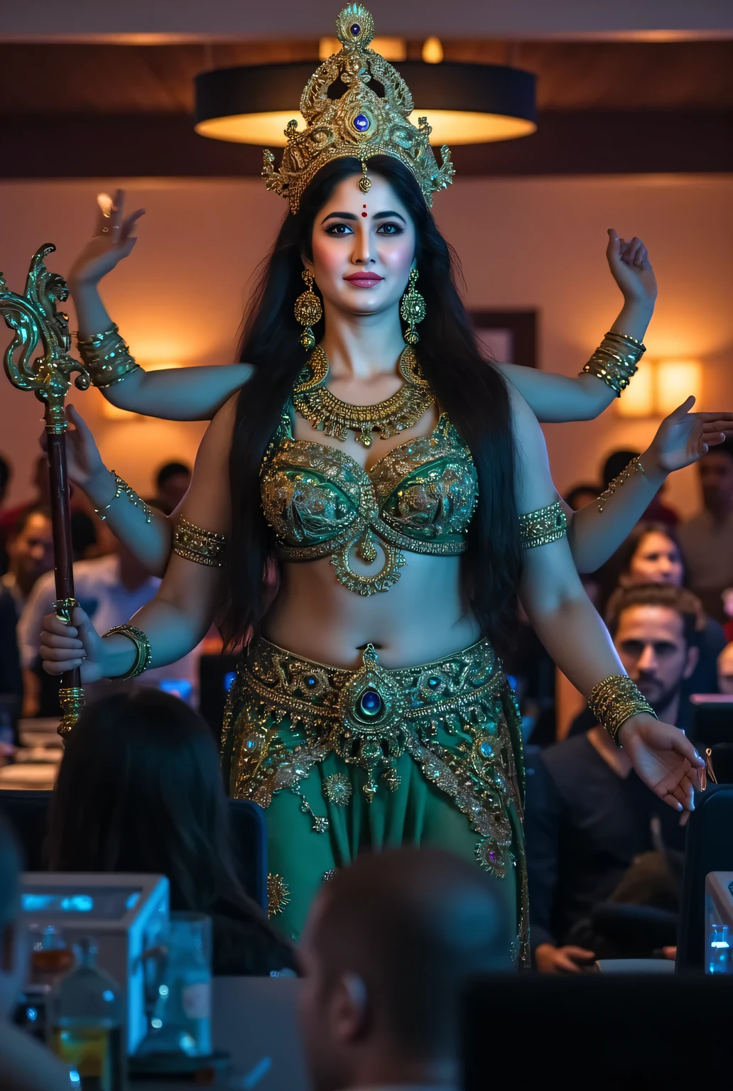 a beautiful powerful goddess durga,four arms,each arm holding a  different things,holding a trishul,in Corporate office,employees are watching her,seductive,hyper detailed,cinematic lighting,intricate details,photorealistic,8k,masterpiece,(best quality,4k,8k,highres,masterpiece:1.2),ultra-detailed,(realistic,photorealistic,photo-realistic:1.37),incredible detail,dramatic lighting,highly detailed face,beautiful detailed eyes,beautiful detailed lips,extremely detailed eyes and face,longeyelashes,dramatic pose,intricate jewelry,ornate trishul,glass bottles,reflective surfaces,atmospheric lighting