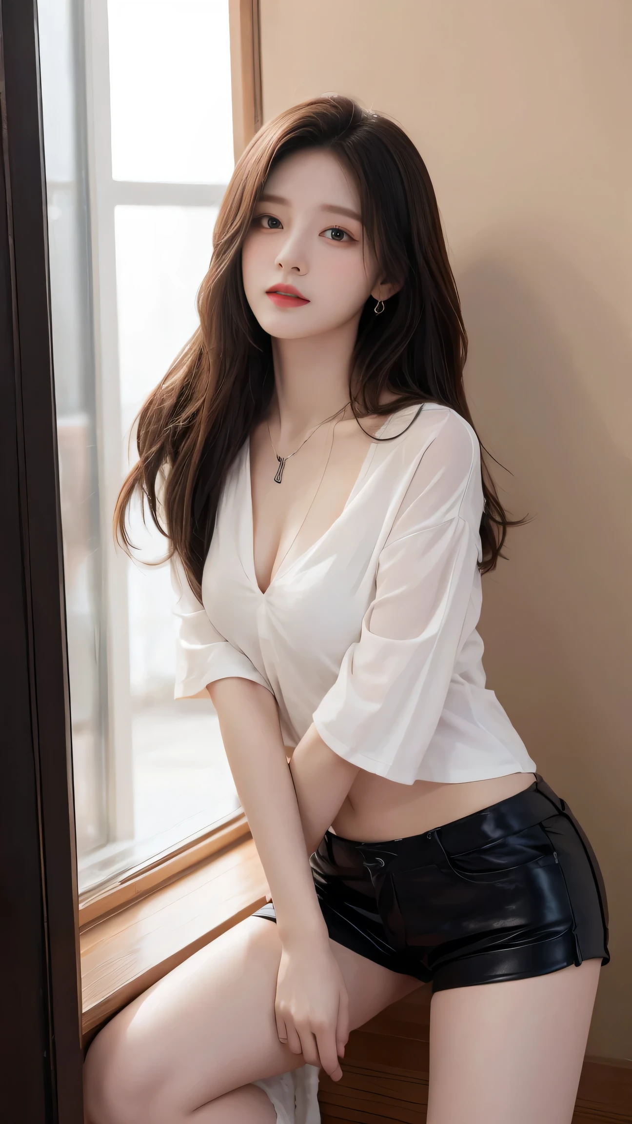 ulzzang-6500-v1.1,(RAW Photos:1.2),  (See-through:1.3), (Genuine:1.4), Upper class woman working in an office, Don&#39;t look at the audience、Turn away、wear an ultra-thin silk blouse over naked、wear ((See-through silk blouse:1.3)), Incredible beauty、Pantyhose and skirt, (Ultra-realistic pantyhose:1.3)、Elegant Japan Woman, Korean Model、Ultra-thin white shirt and gray skirt, Transparent grey skirt, Japanese Model, wear a blouse, Street fashion in Japanese cities, Japanese Street Fashion, Wearing long, loose clothing, Dressed in fluent clothes, Very cute model, wear a white blouse, Cute and elegant pose、Grin、　　RAW Photos, (In 8K、Highest quality、masterpiece:1.2)、(Intricate details:1.4)、(Photorealistic:1.4)、Octane Rendering、Complex 3D rendering with ultra-detail, Sharp focus,  Vivid details, Super Detail, Realistic skin texture, Detailed aspect, Beautiful details in the eyes, Highly detailed CG Unity 16k wallpaper, Makeup, (Detailed Background:1.2),　Realistic skin texture、Glowing Skin、Exposed thighs!!!、