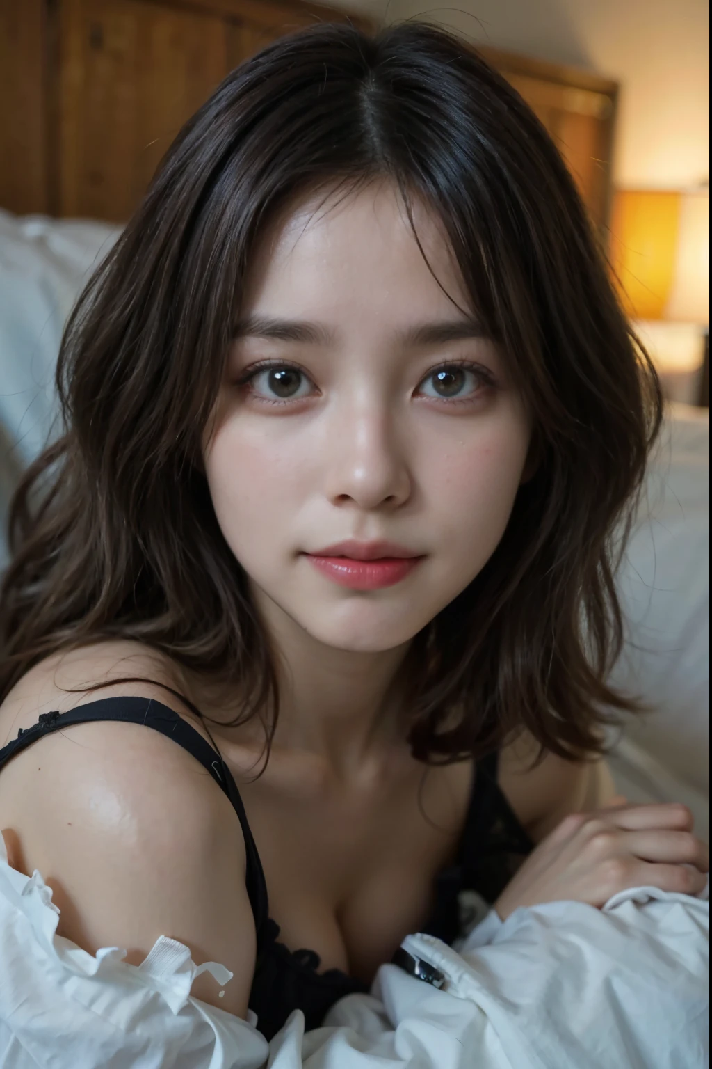 offcial art,Nikon Z 85mm、Unity 8k壁纸,a 25 year old girl、ultra - detailed,shoulder、Upper body naked、lyin in bed、breastsout、Brown hair、aesthetically pleasing,Beautie,tmasterpiece,best qualtiy,(Ultra-realistic skin texture),Full body photo, downy, Atmospheric acid salts, Warm, romanticism lain, Blissful, literary, Artistically, Fashionab, decoration, Convoluted, Ironwork, White Lace Chemise,race underwear,Light thread, Contemplative, emotive depth, Supernatural,ssmile,Big chest slender waist、Look at viewers、Ren Hao、enchanting posture、sexypose、魅惑的、top-quality、masterpiece、illustratio、extremely delicate and beautiful、Very elaborate、masterpiece、top-quality、Official Art、absurderes、very absurdity、huge filesize、The ultra -The high-definition、Very elaborate girl、Very elaborate eyes and face、beatiful detailed eyes、light falling on face、Cinematic lighting can see through and through