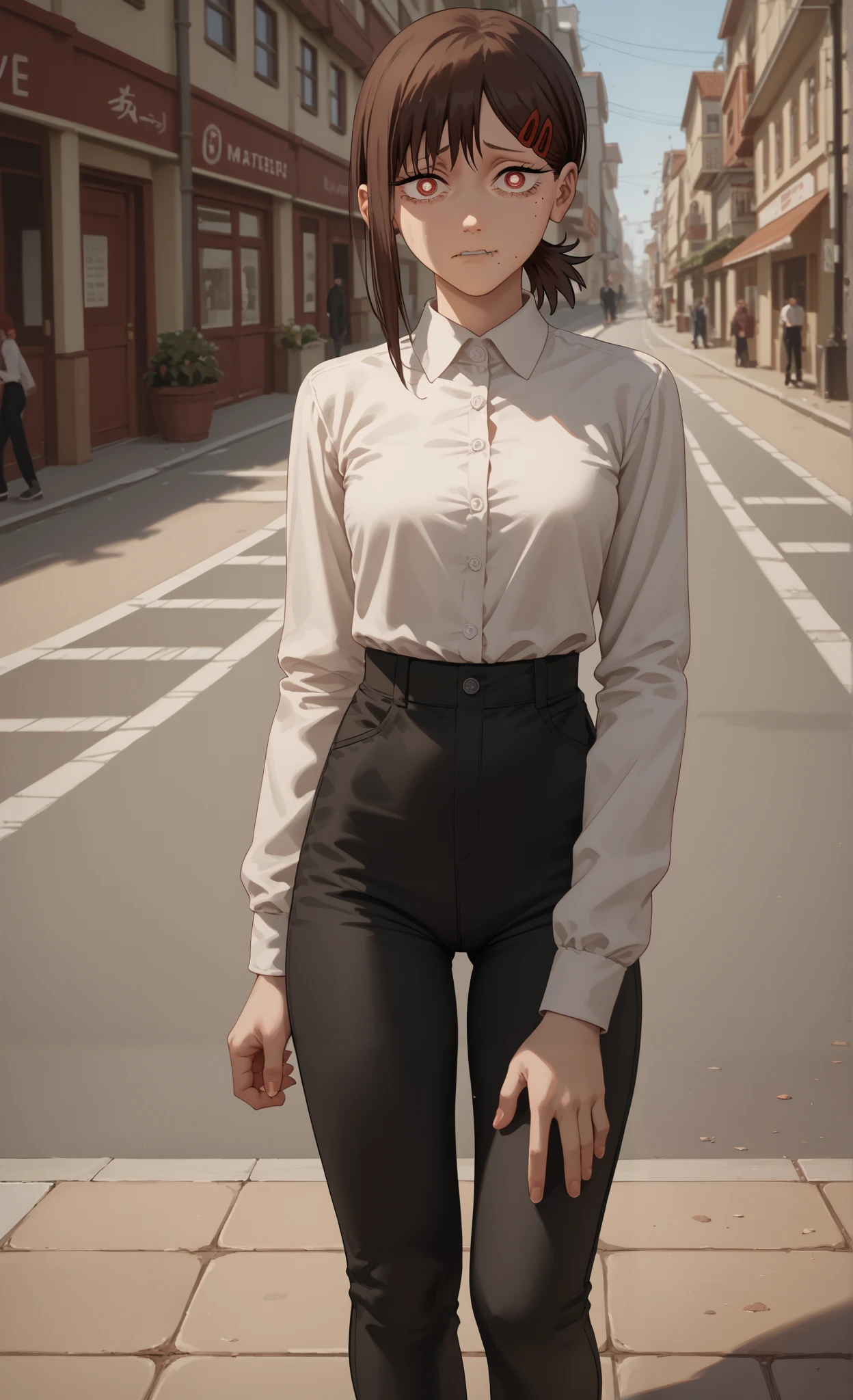 ((kobeni higashiyama)), ((chainsaw man)), ((masterpiece)), ((high resolution)), ((solo portrait)), {(attractive figure), (slim body), (mole under lip), (mole on left cheek), (two moles under right eye), (short brown hair), (cute maroon eyes), (small white pupils), (nervous look)}, {(white button-up shirt), (long sleeves), (tight black pants)}, {(standing), (looking at viewer)}, ((street)), ((sidewalk))