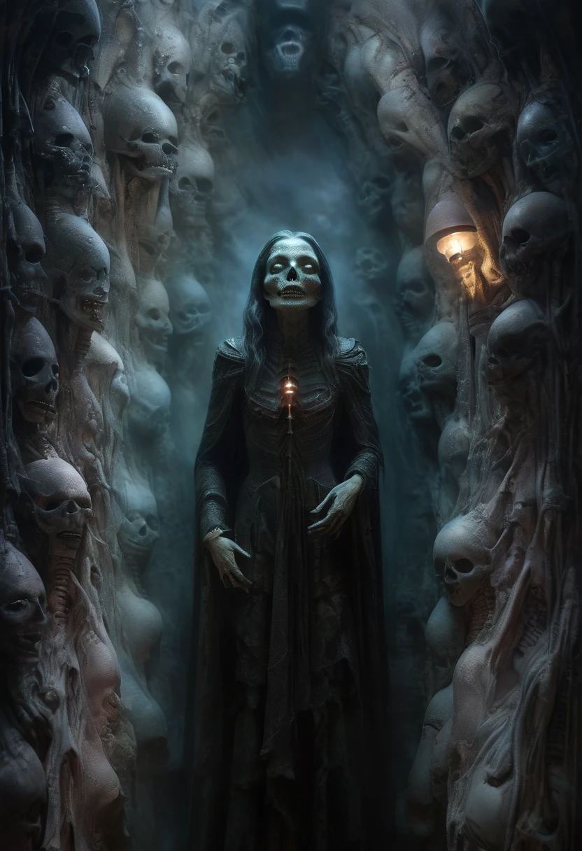 A realistic image of a sinister and mysterious Gothic room, sitting on a throne a ghostly and skeletal mummy of a nun, leaning against the wall an open coffin