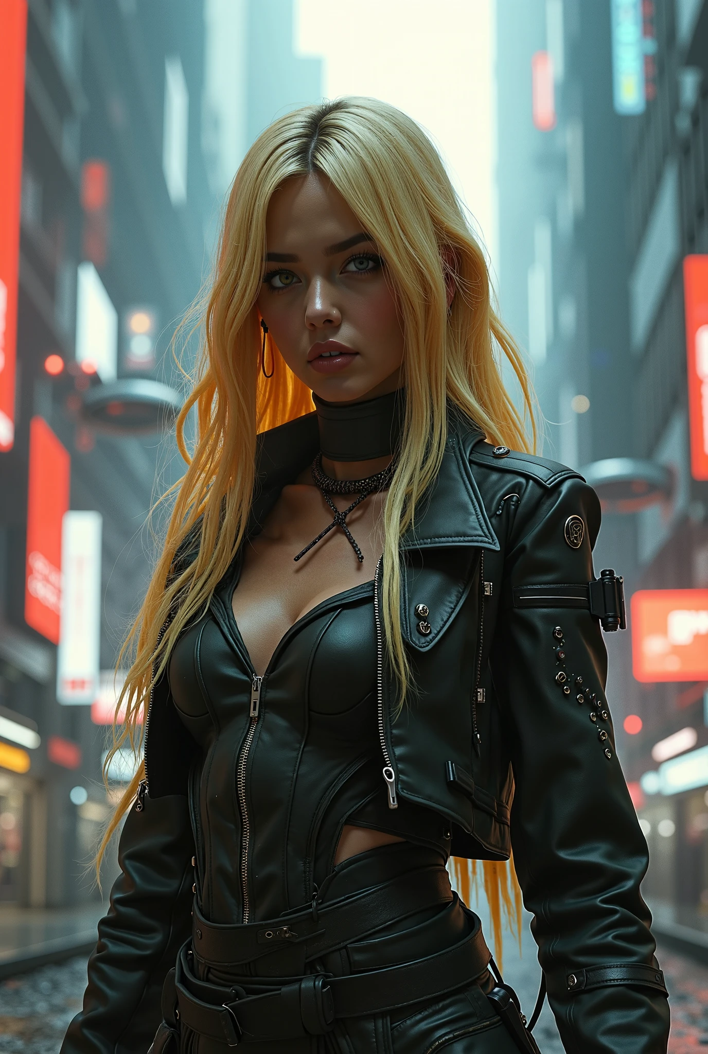 Accamary4, beautiful woman, model, Looking out of the corner of my eye, focus on his face, long platinum blonde hair, Dressed like a gang member, Estilo Grand Theft Auto, Very detailed, 8k, cinematic lighting, dramatic pose, vivid colors, sandy, grunge, dystopian, digital paint, with a pink garment