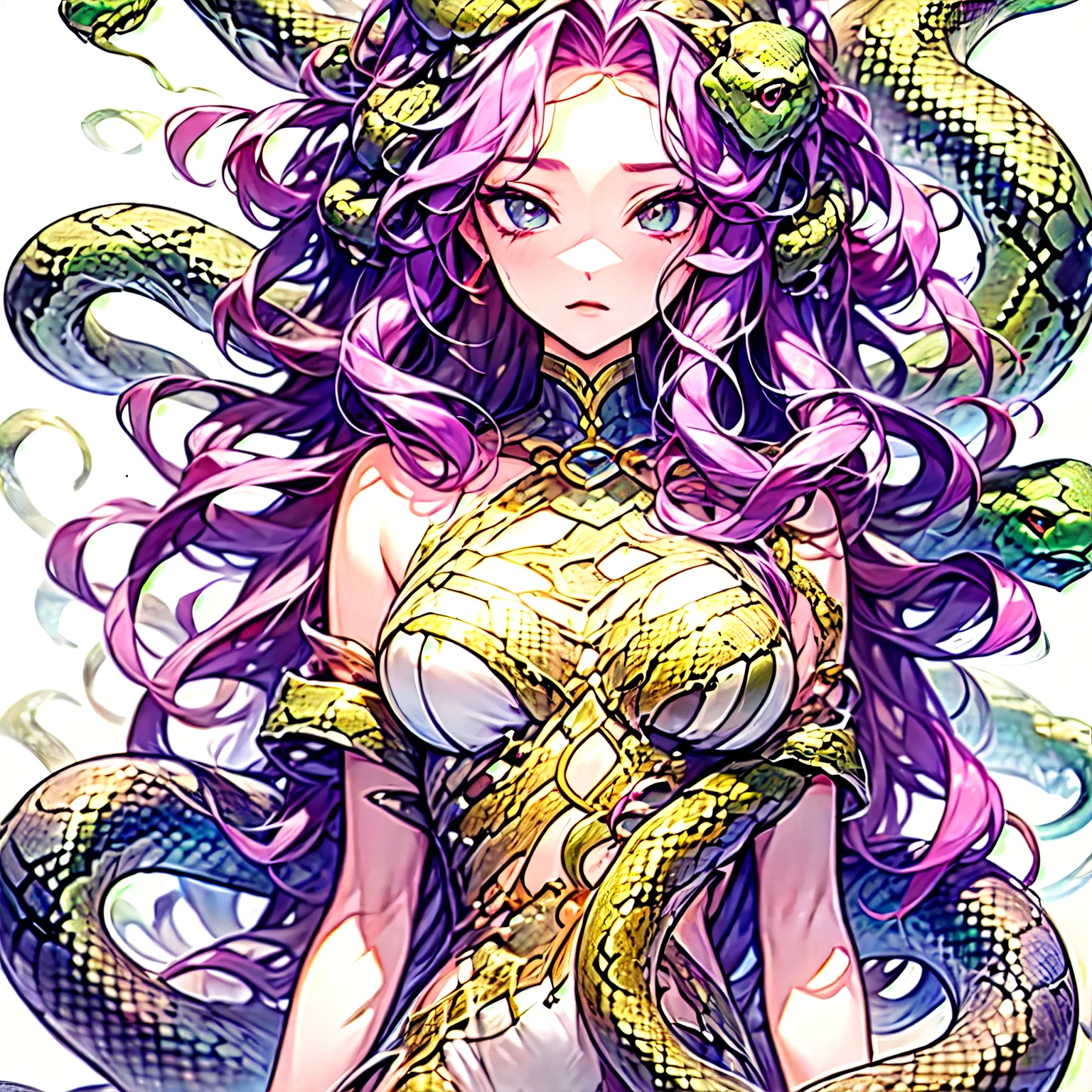 <lora:FEATURE_snakeHairV4:1>, medusa, snake hair, 64K, f1.2, 800mm, UHD, dynamic lighting, 1girl, dark blue eyes, Plant Hair, olive skin, Chocolate Brown hair, full body