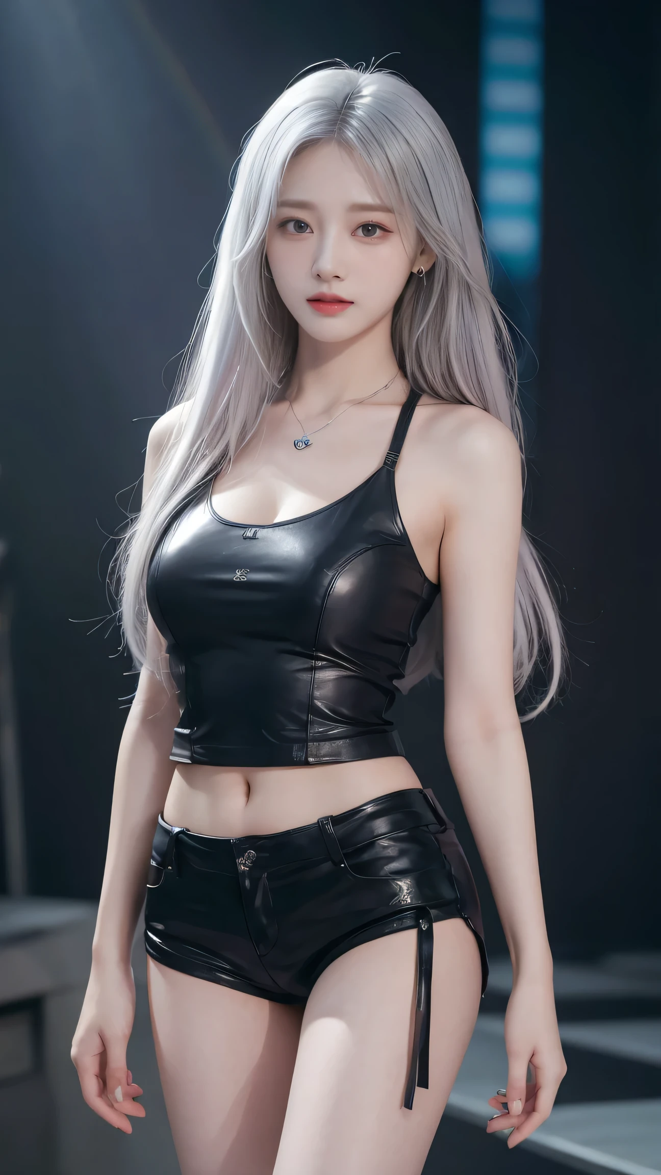   high resolution ,   Masterpiece,   1 girl,  Viewers , Long hair,  White hair,   rainbow hair  ,   blue eyes ,   big breasts,   Dark Makeup,, Seductive expression , Aperture F16  ,   chest chart, earring,necklace,  Bust Show Shirt, leather shorts  ,, small slender legs,