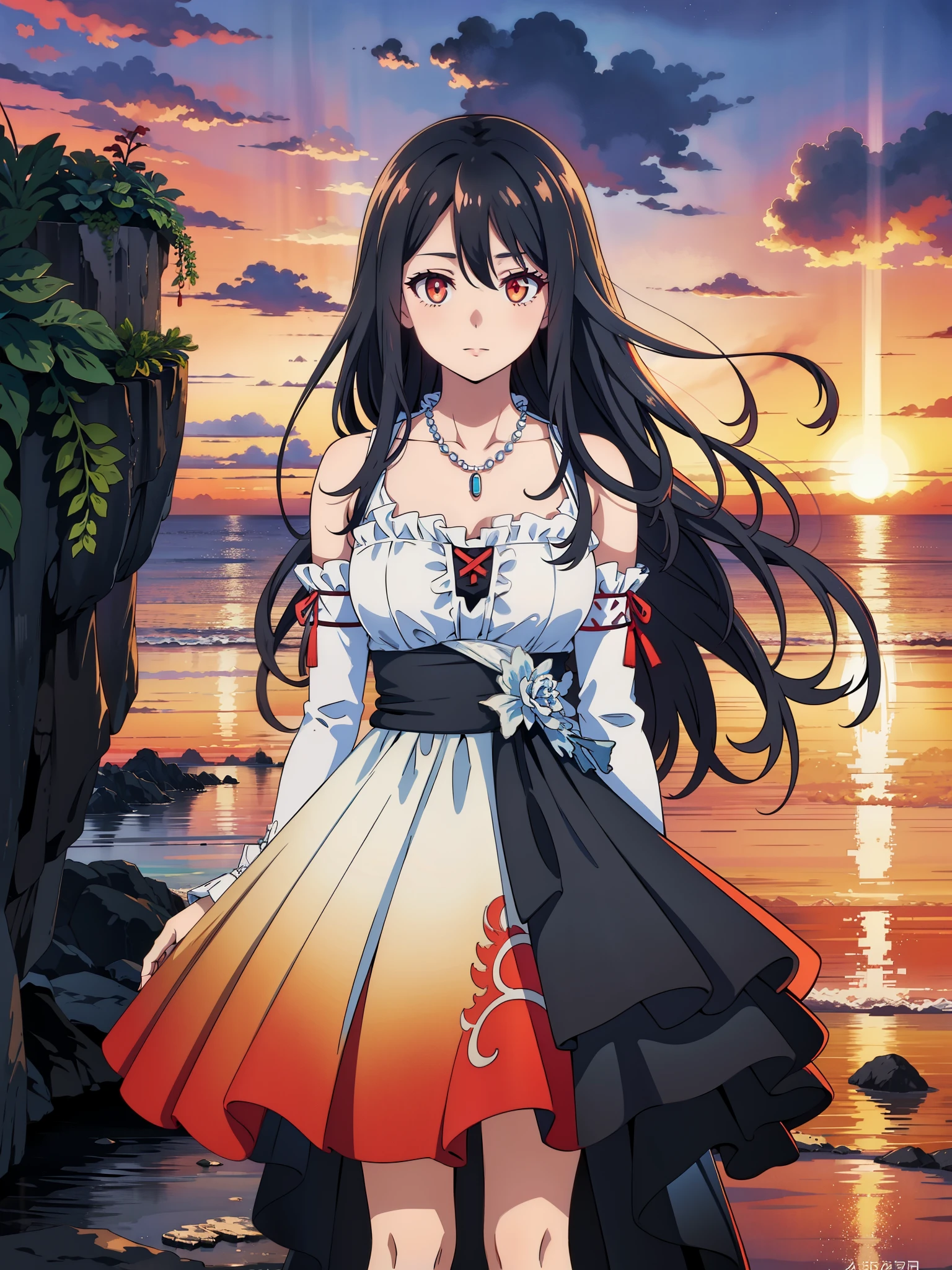 (high-quality, breathtaking),(expressive eyes, perfect face) 1girl, female, solo, ager, black color hair, red highlight in hair, red eye color, short hair length, fluffy spiky hair, Symmetrical Eyes, portrait, positive expression, sunset, red sky, narrow eyes, fingerless glove, dress, necklace, stylized hairstyle, YunaSongstress, lace, detached sleeves, ocean background, embers, gradient tips of dress, slender frame