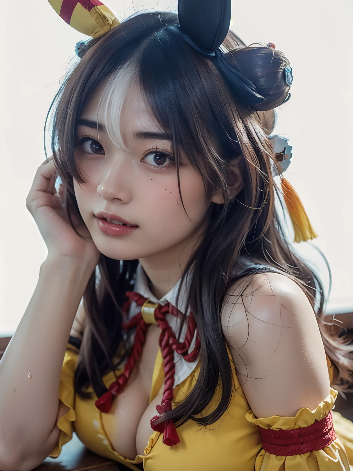 1girl , Alone, cute japanese girl, Hight school girl, Looking at camera, smile, (Low Height), (huge Breasts, pointy breasts:1.5),
break
upper body, (portrait:1.2), Seductive pose, (empty eyes:1.25), (very sweaty:1.2), (head rest:1.5),
BREAK
16k , Raw photo, (extremely detailed 16k wallpaper), (realistic, photo realistic:1.4),
break
mihono bourbon \( umamusume\),
mihonobourbon, Red-brown hair, ahoge, hairband , horse ears, horse tail,
break
Should out , off shoulder , blue gloves, bead bracelet, Sleeveless, wide sleeve, red ribbon, neck ribbon, (Chest), yellow dress, ruffle dress,