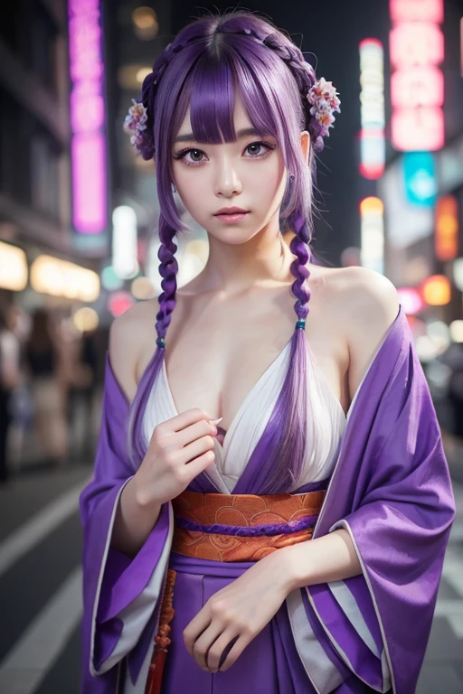 1 girl, blunt bangs, braid, Wide sleeves, hair accessories, Japanese clothes, Saiobi, (purple hair:1.2), Very long hair, Straight Hair, looking at the audience, Very detailed background, (Photo-realistic:1.2), delicate eyes, Red eyeshadow, Depth of Field,thigh, (ulzzang-6500:0.7), Upper Body, (alone:1.2), (Cyberpunk City:1.1), Cleavage, (Finger on lips:1.1),shiny skin