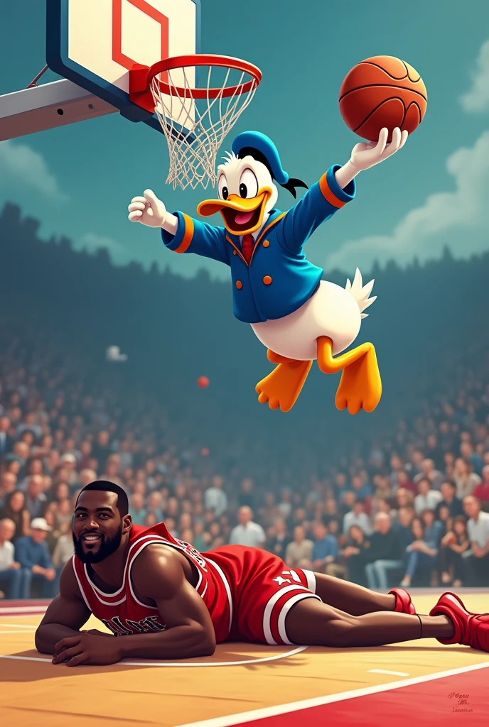 Uncle Scrooge holding a basketball with predominantly blue and red colors