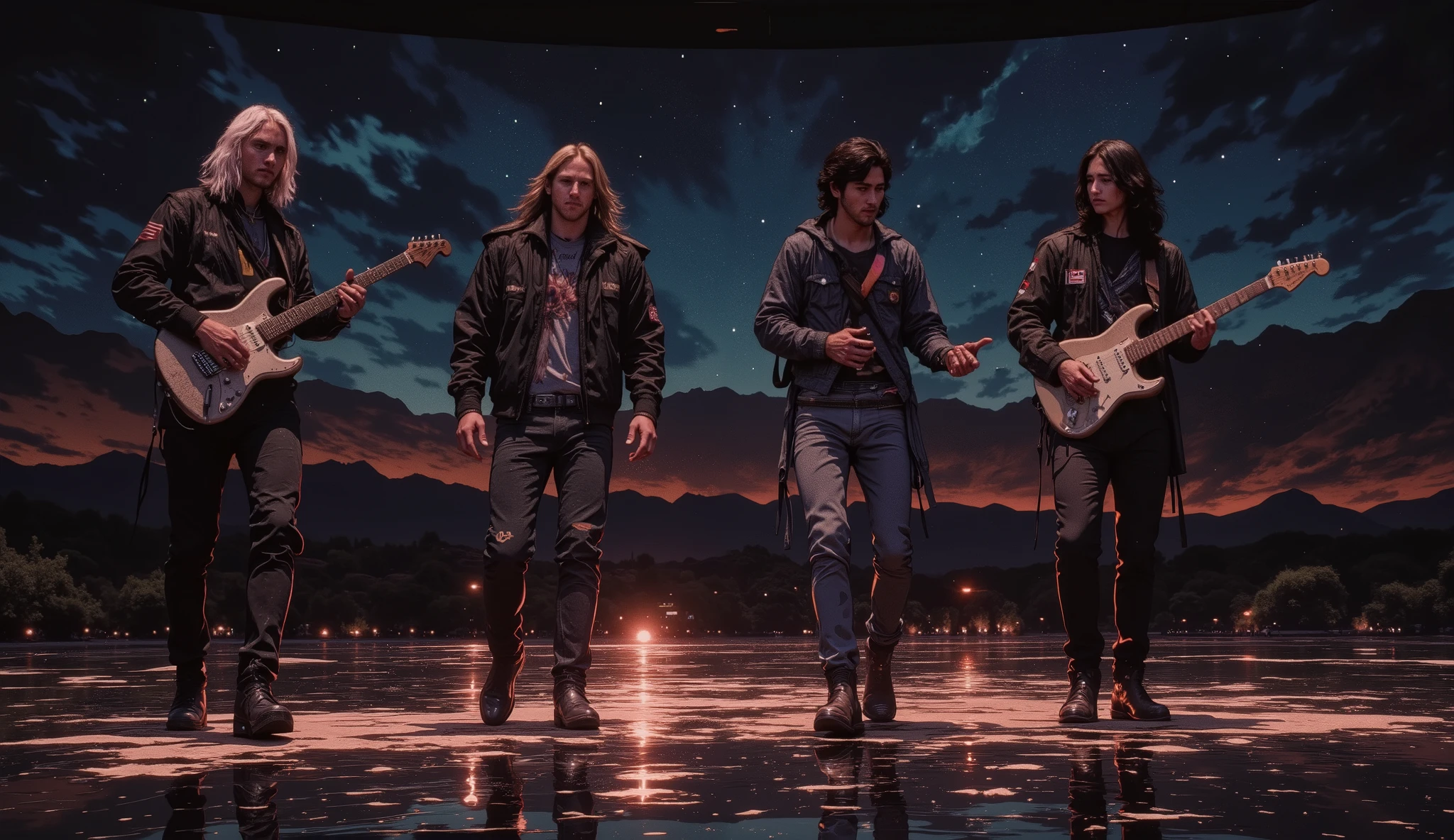 (( RAW photo), absurdo, ( absurd resolution)), masterpiece, envelopes , ( Extremely detailed 8k unit CG wallpaper), ( best illustration), ( Best Tone ), realistic lighting , detailed and beautiful glitter, (( 20 years)), black jacket con cruz , 4 young people in a rock band, en un lago, cielo, estrellas