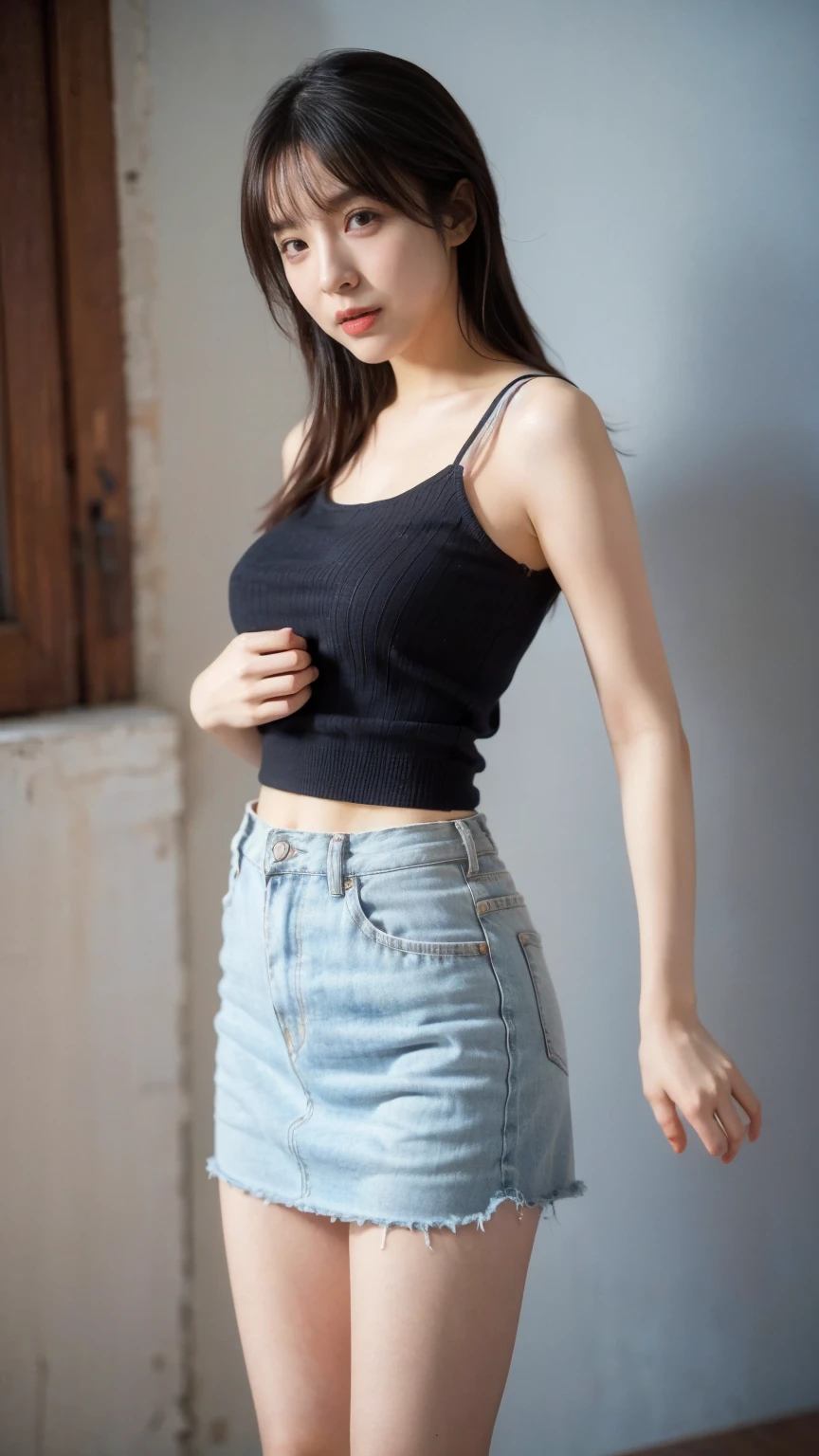 cute girl,cropped sweater,low-rise damaged hot pants,happy,multiple views,gal,urbun gal,from behind,ceiling,from directly below,parfect body,cute gal,urbun gal