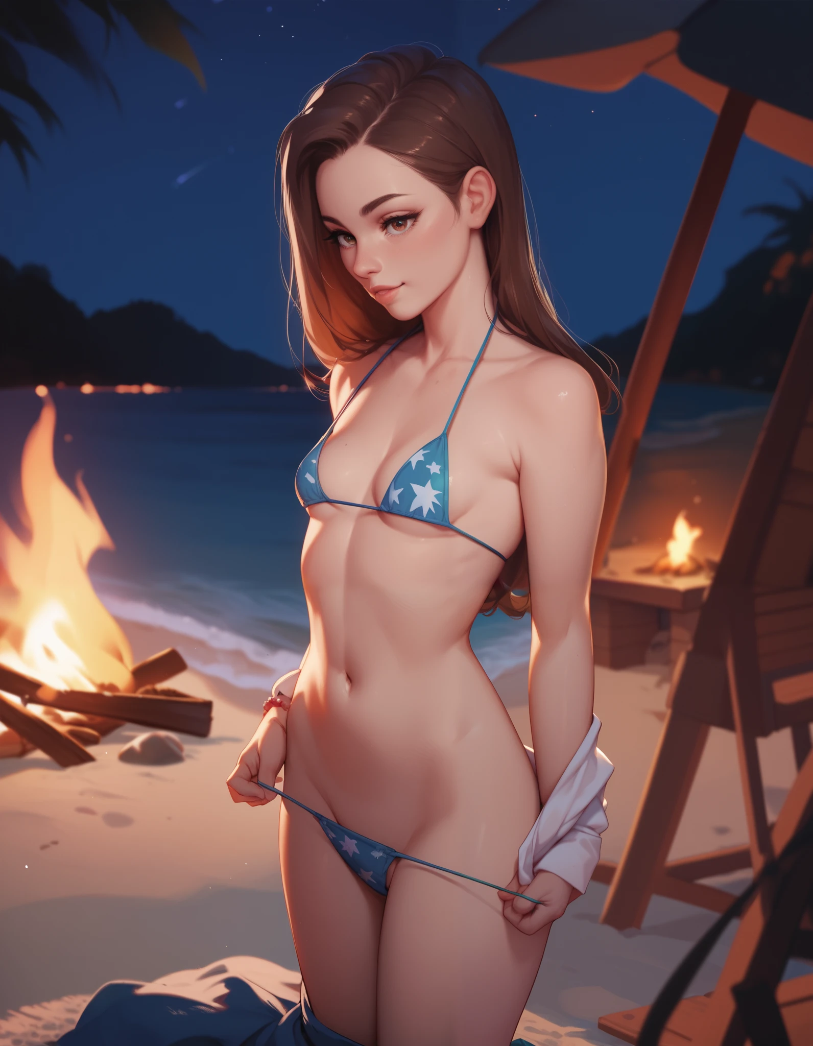 cute girl, long brown hair, beach, night, dark, by a bonfire, small breasts, string bikini, undressing, naked
