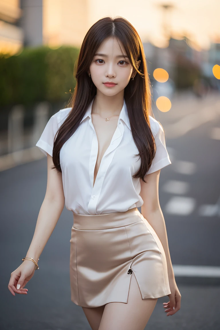 a 19 year old girl, she is the most beautiful actress in the world, the perfect body proportions of this girl, her upper body within the formal shirt are clothed by the blazer that's closed to cover her navel area, her crotch area of the panties are hardly hidden by the short skirt, her bare legs, it's just front of her body in this photo, there are just no space of this photo above her head and below her shins, she is standing straight, nsfw, best quality, highly detailed, masterpiece, ultra high res, photo realistic, 8k, RAW photo
