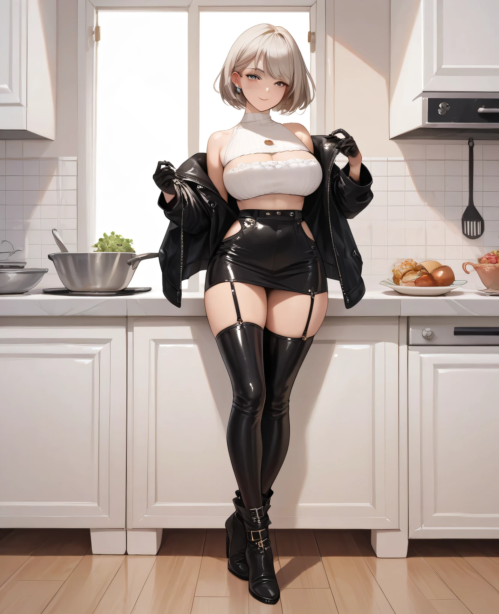 30-year-old woman with short black Bob-style hair with big breasts wearing a leather jacket and blouse with a miniskirt and black gloves and long latex thigh-length stockings and ankle boots while standing in her kitchen in full body