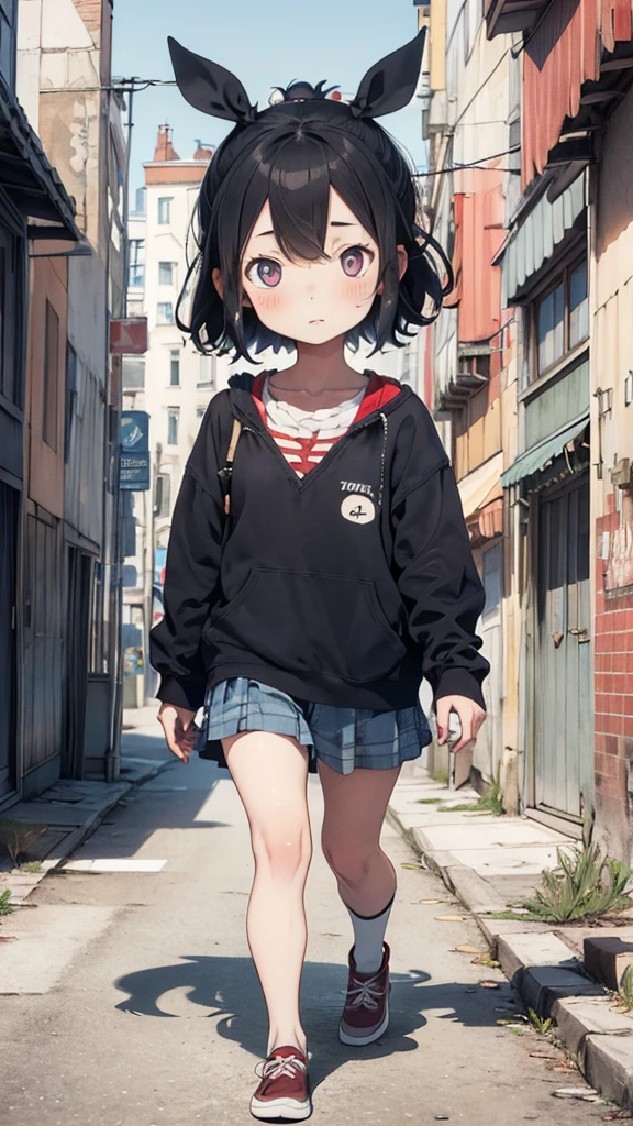4K, (work of art), highest quallity, 2d, ((rebeld girl)), (teenage anime girl), (shirt cute, bear shirt, Punk Girl, in a bike, short hair with long bangs, heterochromatic eyes, ssmile, full height, clean eyes, black eyelash, (intrincado detalhado), dramatic, makoto shinkai, brown eyes