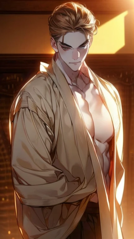 yellow short hair, yellow long eyelashes、Handsome boy with yellow eyebrows and yellow expressive eyes, Smiling, Yellow eyes、细致背景、(Black bathrobe)