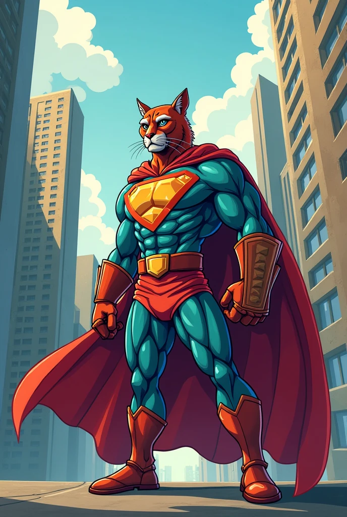 masterpiece, best quality, highres, 1ｍale, solo, cat male, furry, city background, outside, superhero, bodysuit, gloves, boots, fighting pose, smile