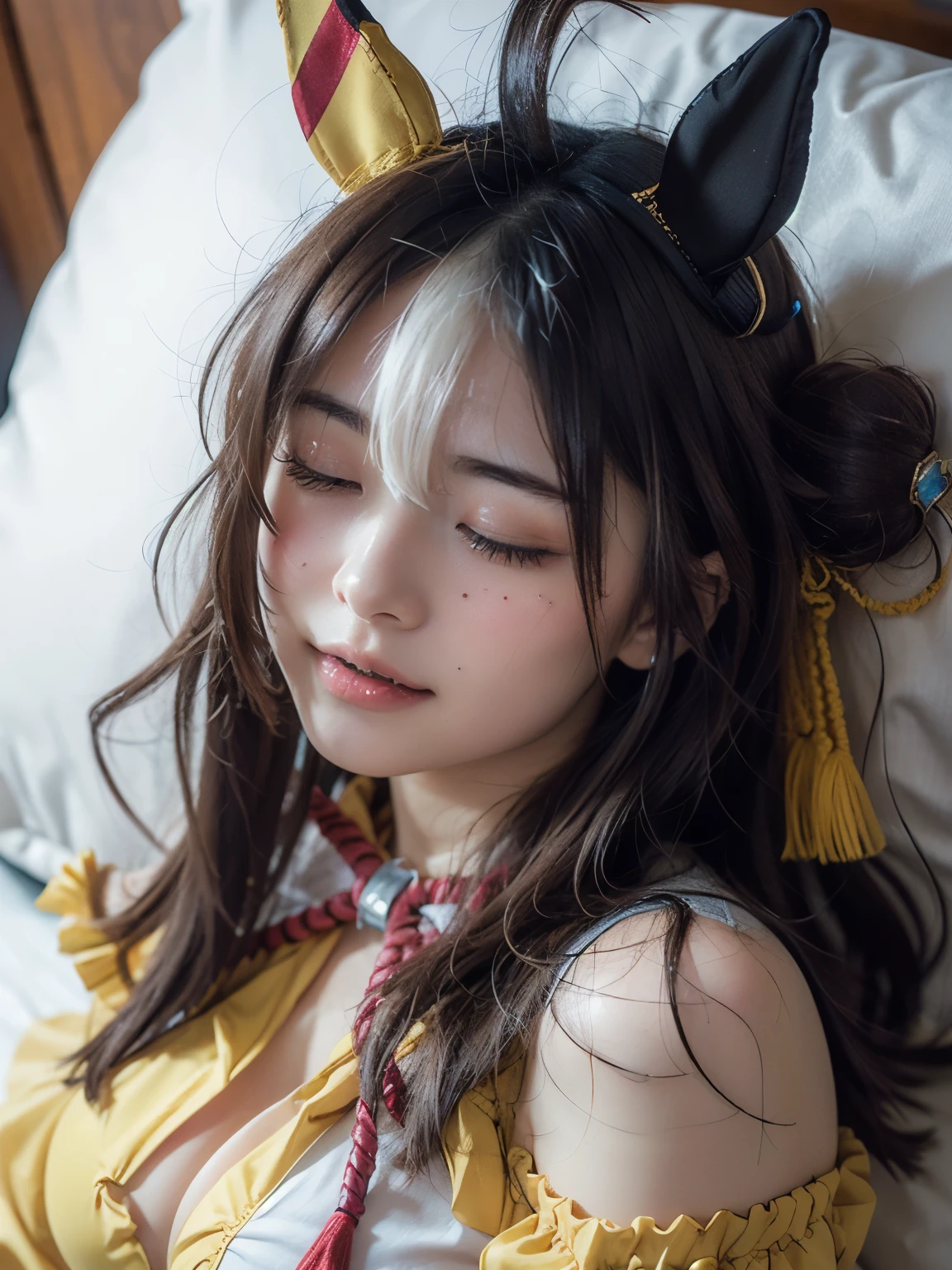 1girl , Alone, cute japanese girl, Hight school girl, Looking at camera, smile, (Low Height), (huge Breasts, pointy breasts:1.5), embarrassed,blush, (sexual ecstasy face:1.5),
break
(close up:1.5), (portrait:1.2), (lying on bed:1.3), (on back:1.5), (put head on pillow:1.5), from above, Seductive pose, (empty eyes:1.25), (very sweaty:1.2),
BREAK
16k , Raw photo, (extremely detailed 16k wallpaper), (realistic, photo realistic:1.4),
break
mihono bourbon \( umamusume\),
mihonobourbon, ahoge, hairband , horse ears, horse tail,
break
Should out , off shoulder , blue gloves, bead bracelet, Sleeveless, wide sleeve, red ribbon, neck ribbon, (Chest), yellow dress, ruffle dress,