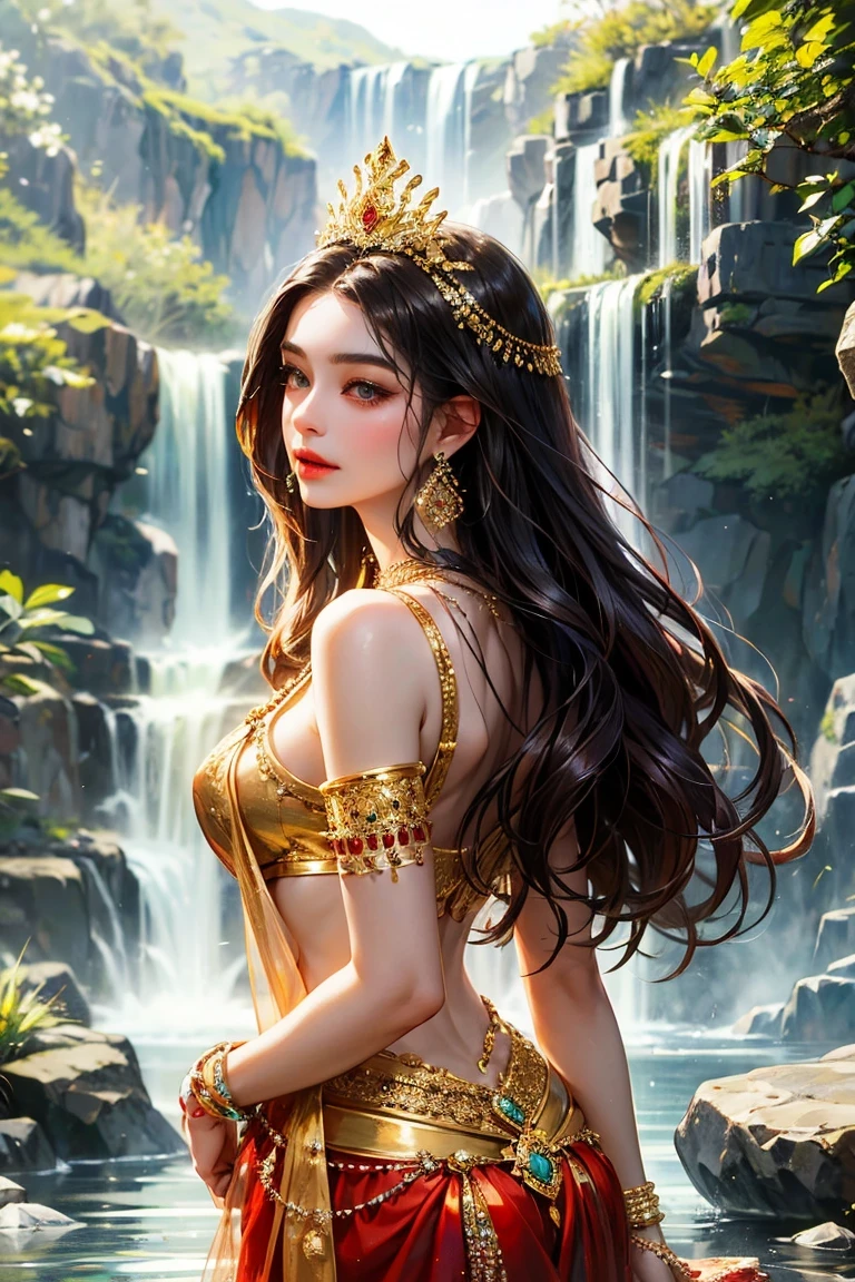 Upper body, masterpiece, best quality, high resolution, long brown hair, jewelry hairpin, fat buttocks, stream stone or temple or bridge, pole suit, sitting, (Song dynasty, Song costume: 1.2),