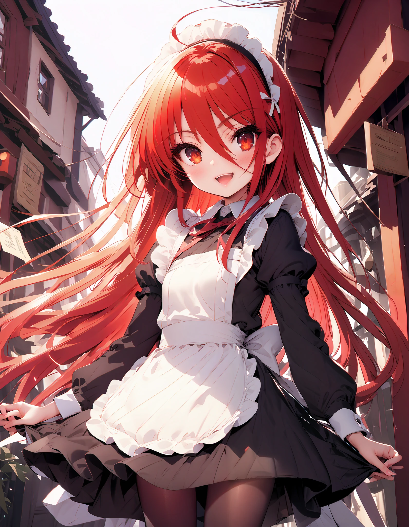 shana ,Alone, long hair, Red Hair,  red eyes, stupid hair,smile,blush, open their mouths,Maid服,rib tights ,  black pantyhose ,  pin heels,black色ロングスカート,Maid head dress , Maid apron, Maid Dress,Maid, Maid outfit,black_ dress ,Holding a stack of papers in both arms,Handing out flyers, is standing,Paper is being blown away by the wind , sign,whole bodyがイラストに入るように,break looking at viewer,whole body,
break outdoors,Coffee shop entrance , building,
break (masterpiece:1.2),  best quality,  high resolution,  Unity 8K Wallpaper, (figure:0.8), ( precise and beautiful eyes:1.6),  Highly Detailed Face ,  perfect lighting,  very precise CG, ( perfect hand,  perfect anatomy),