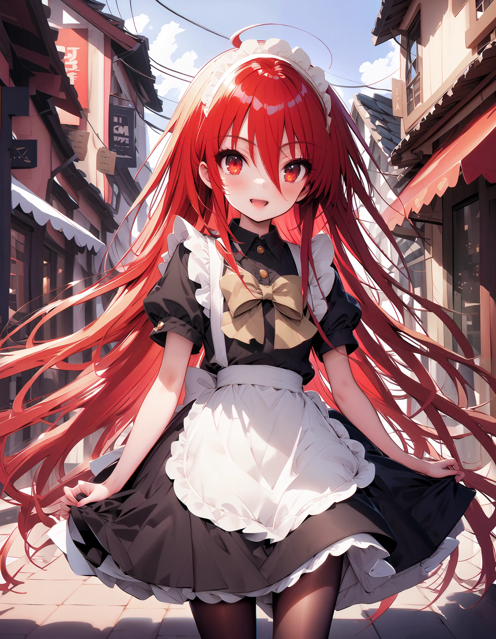 shana ,Alone, long hair, Red Hair, red eyes, stupid hair,smile,blush, open their mouths,Maid服,rib tights , black pantyhose , pin heels,black色ロングスカート,Maid head dress , Maid apron, Maid Dress,Maid, Maid outfit,black_ dress ,Holding a stack of papers in both arms,Handing out flyers, is standing,Paper is being blown away by the wind , sign,whole bodyがイラストに入るように,break looking at viewer,whole body,
break outdoors,Coffee shop entrance , building,
break (masterpiece:1.2), best quality, high resolution, Unity 8K Wallpaper, (figure:0.8), ( precise and beautiful eyes:1.6), Highly Detailed Face , perfect lighting, very precise CG, ( perfect hand, perfect anatomy),