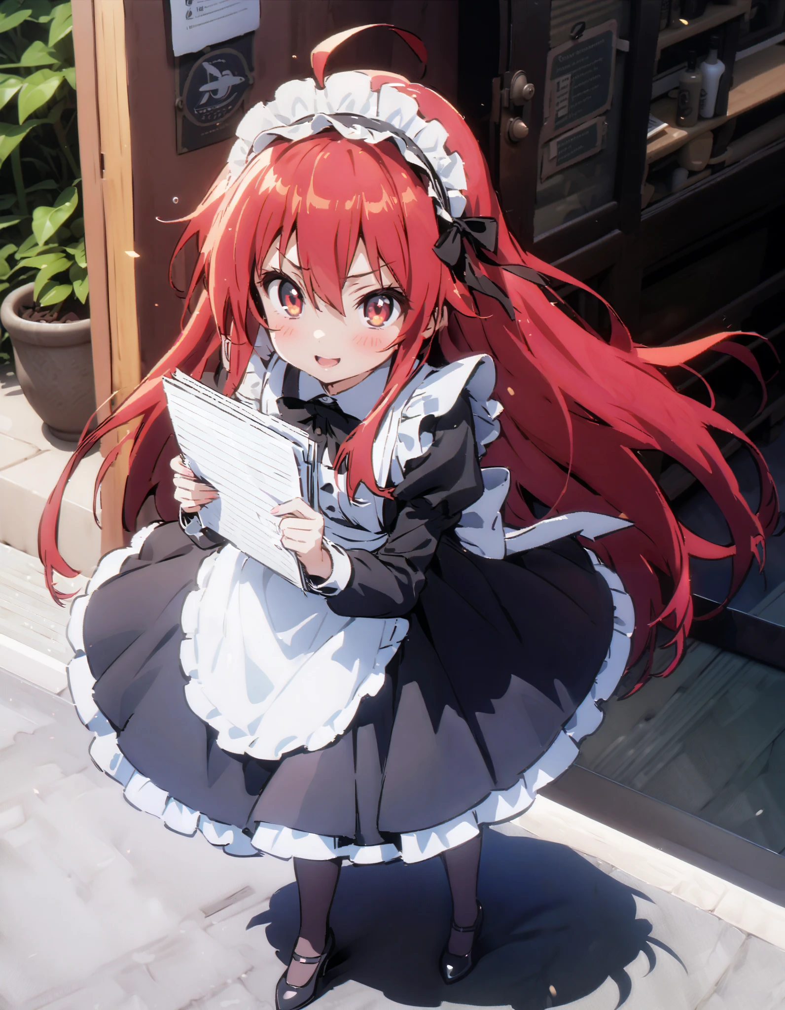 shana , long hair, Red Hair, red eyes, stupid hair,smile,blush, open their mouths,Maid服,rib tights , black pantyhose , pin heels,black色ロングスカート,Maid head dress , Maid apron, Maid Dress,Maid, Maid outfit,black_ dress , hair shaking in the wind , long skirt is moving in the wind,Holding a stack of papers in both arms,Handing out flyers, is standing,Paper is being blown away by the wind , sign,noon,whole bodyがイラストに入るように,break looking at viewer,whole body,
break outdoors,Coffee shop entrance ,
break (masterpiece:1.2), best quality, high resolution, Unity 8K Wallpaper, (figure:0.8), ( precise and beautiful eyes:1.6), Highly Detailed Face , perfect lighting, very precise CG, ( perfect hand, perfect anatomy),