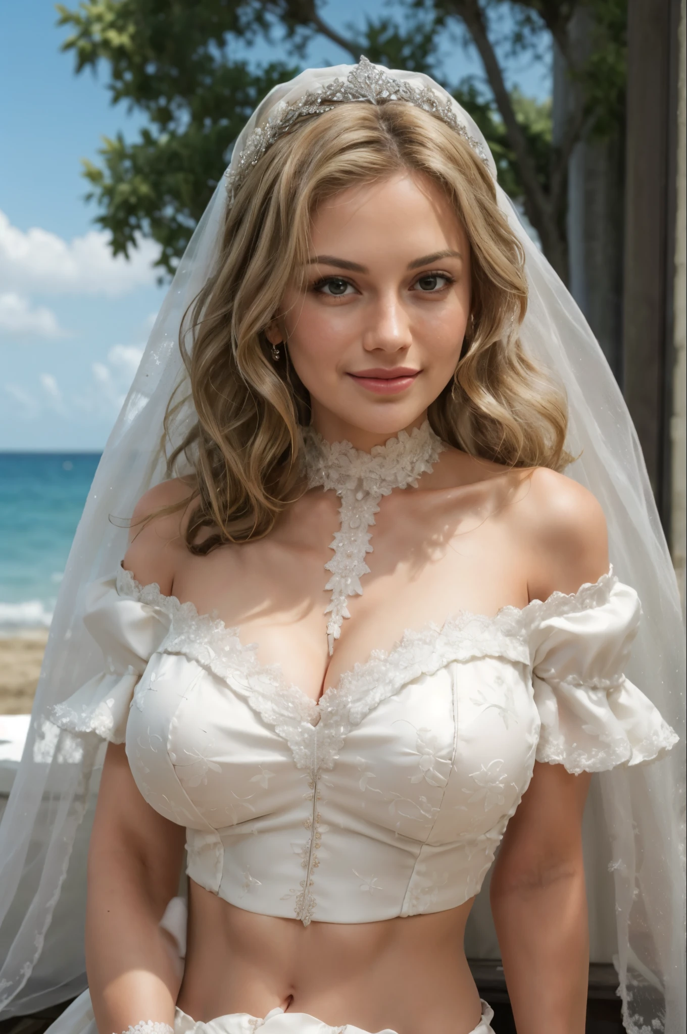 beautiful girl wearing sexy wedding dress, BREAK, girl, white off-shoulder strapless dress, full-floral-embroidered, ruched ruffle details, bare shoulders, luxurious, gorgeous, very beautiful, wavy hair, blonde hair, looking at viewer, gentle smile, veil, subtle intricate tiara headpiece, detached ruffle-collar, outdoor, beach, skies, clouds, trees,