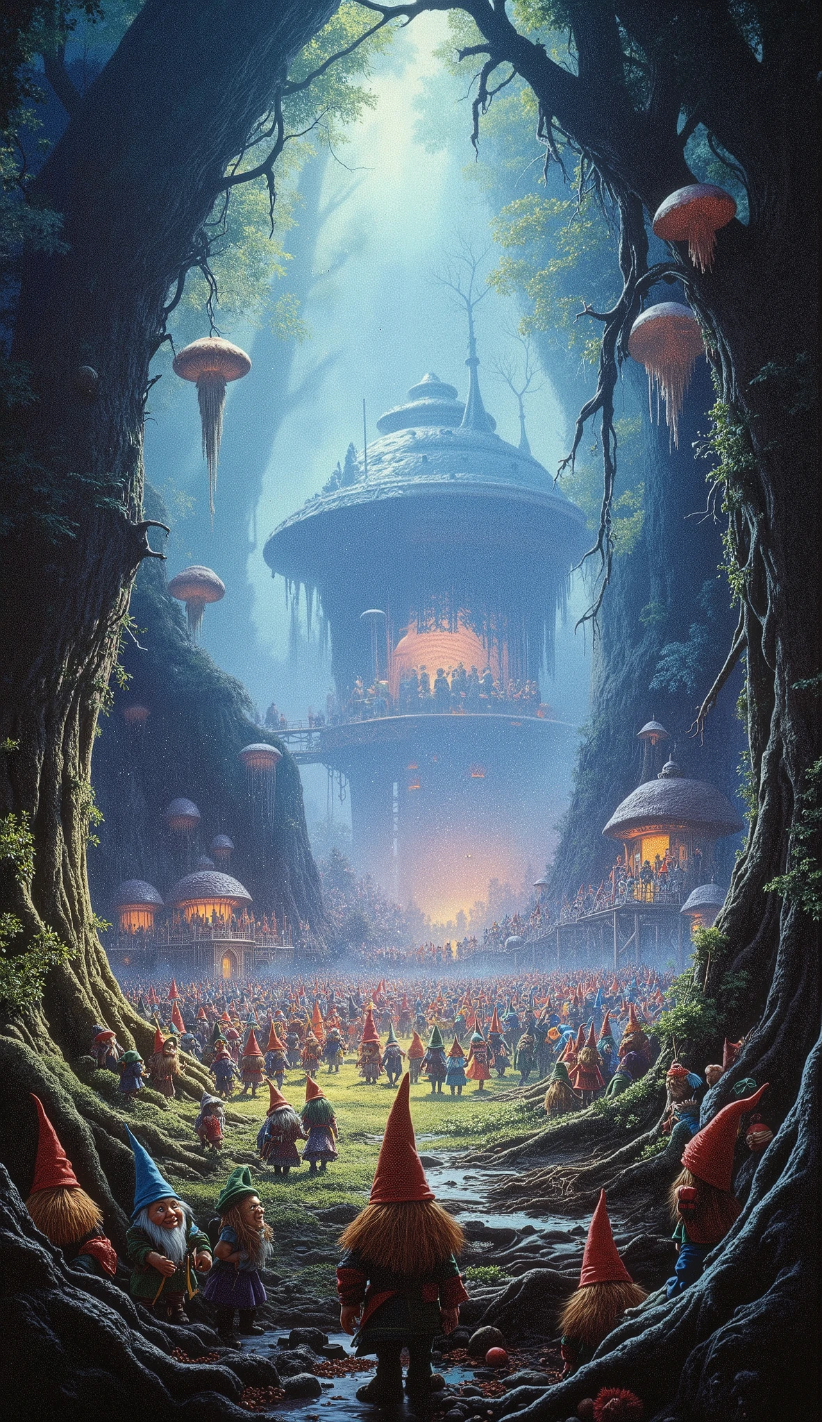 fantastic, epic realism, 80's style. A image of a city of gnomes in a dense forest, macro vision of cogumelo, little gnomes doing arroung a big fog like a party of gnomes