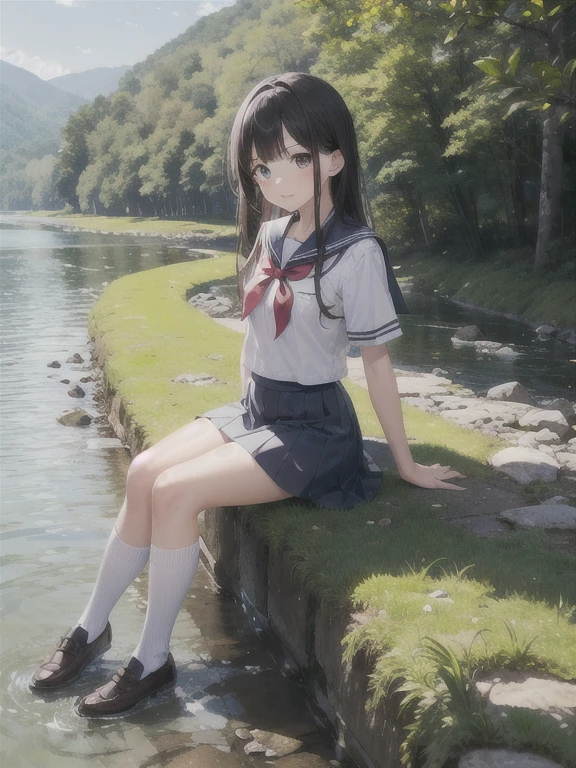 (pussy),17 years old,((skirt lift:1.3)),(out of frame),(Cuddling up against a huge rock by the lake),(slender),(from below),(Lift your legs),(Sit on the ground)