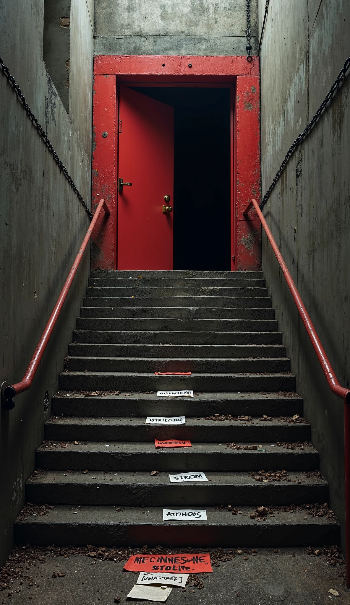 Porte rouge : Une grande porte rouge lourde, située en haut d'un long escalier. La porte est rouge vif, symbolisant les épreuves passées. Derrière la porte, il y a une obscurité profonde, représentant un environnement sombre et stressant.Escalier : Un escalier long et raide, en métal ou en béton, menant à la porte rouge. Sur les marches, des chaînes brisées et des papiers avec des mots comme "stress", "harcèlement", "fatigue" sont dispersés, symbolisant le chemin difficile et les luttes.Usine en bas : En bas de l'escalier, une usine sombre avec des machines lourdes, des tuyaux et des engrenages. L'usine est sombre et oppressante, représentant un environnement de travail difficile.Ambiance générale : Une ambiance sombre et pesante avec des contrastes entre l'obscurité de l'usine en bas, le sombre derrière la porte rouge en haut, et les éléments symboliques sur l'escalier. Derriere la porte rouge il ya des bureaux oppressants. Il nya pas de prrsonnage dans la scene.