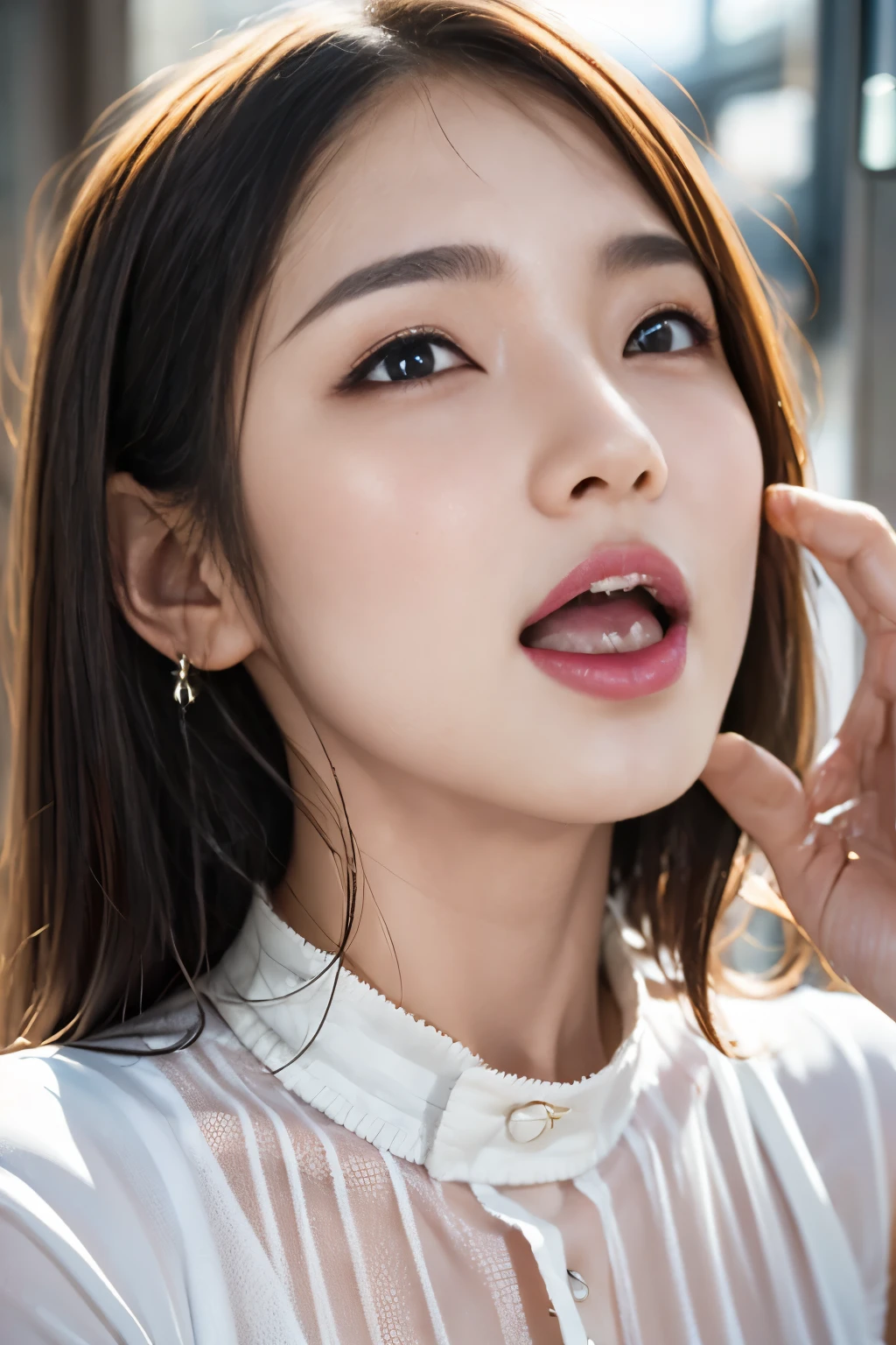 photorealistic, surreal, Cinema Lighting, 32K, 1 girl, looks up, backlight, ( bright light:1.2), (Improved quality:1.4), ( Top Quality Realistic Texture:1.4), fine grain, detailed face, , , cowgirl , from below,sweat, wet, ( enhances the beauty of skin texture:1.1), matte texture on wet cobblestones, , sweat, open mouth , Express 。 rolls her eyes and , tears, tongue sticking out outside, saliva, saliva trail, let go of her lips, charming smile