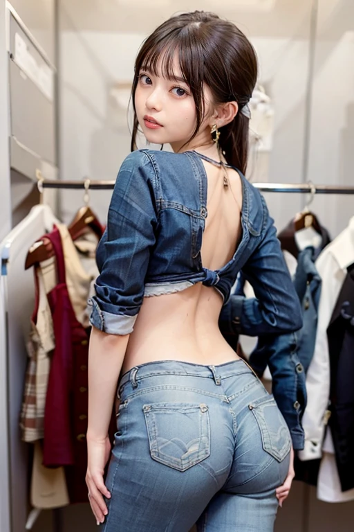 ((best quality)), ((masterpiece)), (detailed), perfect face, realistic proportions, slouching, young, nubile girl, obedient expression, large ass, side view, wearing ripped croptop, side boob, wearing ripped jean shorts, barefoot, wearing collar and leash, leashed to a man, being walked on a leash, being walked on a leash by a man, at a busy market, at an outdoor market