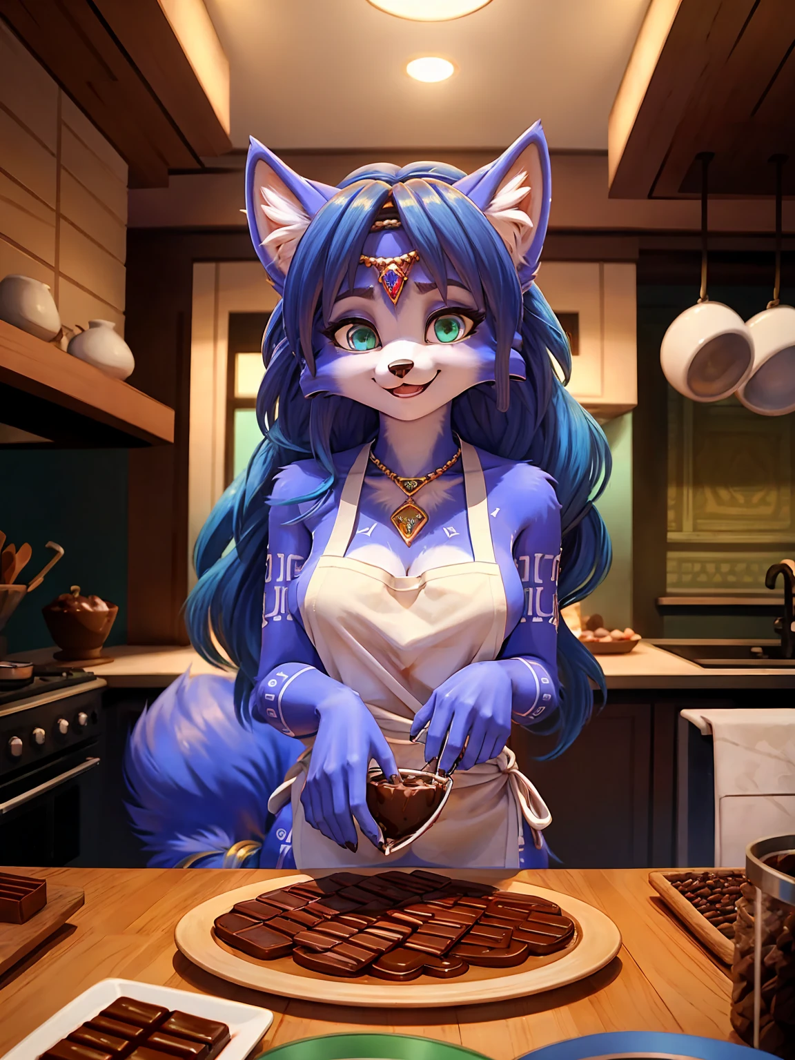 by fluff-kevlar, by Zackary911, by Kenket, by Kilinah, by fluff-kevlar, (masterpiece), (best quality), (cinematic lighting), (anthro furry:1.3, snout:1.2, anthro:1.3, furry:1.2, solo female:1.2), solo, fully body, waitress, full body, (happy expression, perfect posture, smile), restaurant background, long hair, light blue hair, snow leopard, blue eyes