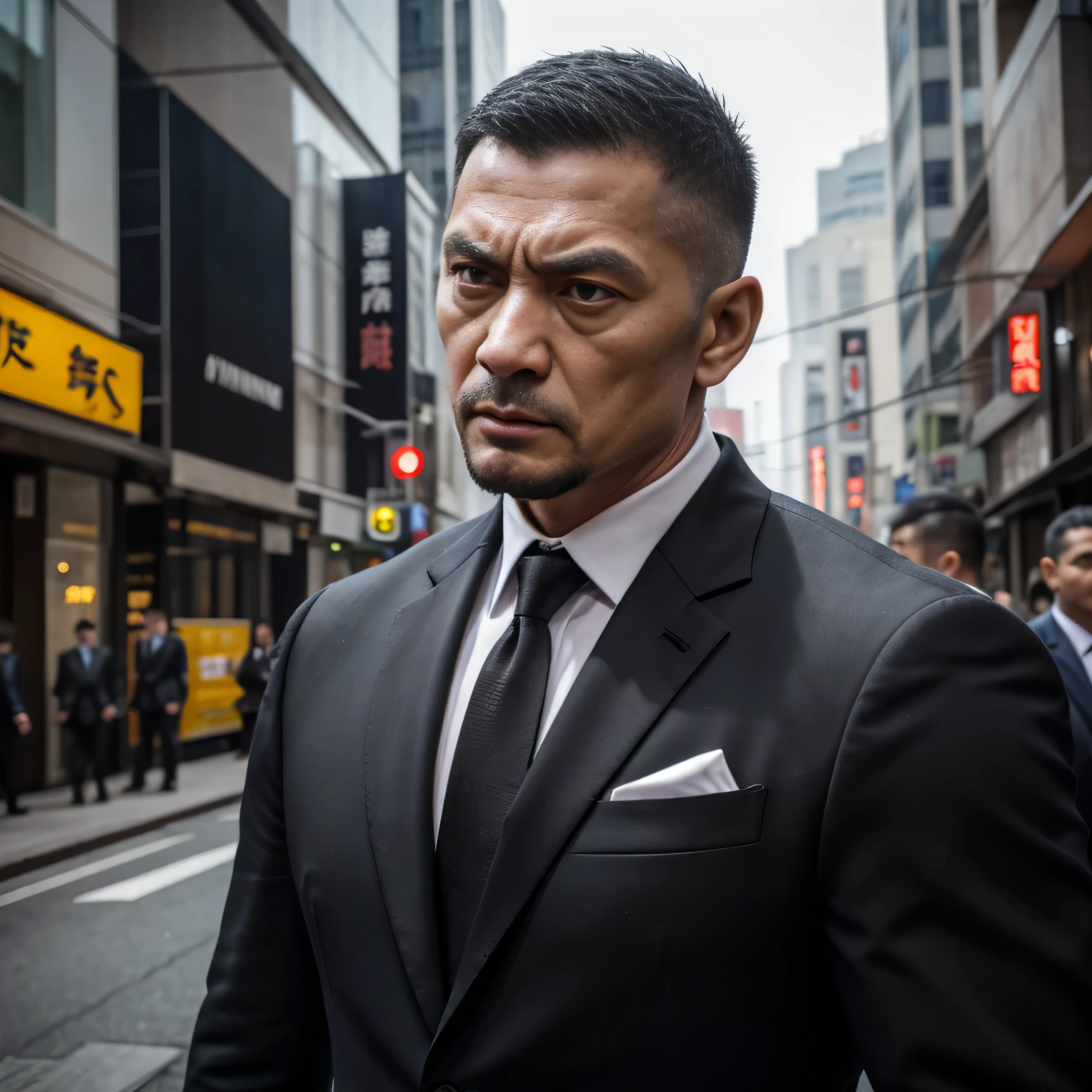 50 years old,1 person muscular 、 Face Up 、 gray suit、black tie、In combat、outside、、logic, , black hair、Short Hair。 very short hairstyle、Five Minute Shearing Head 　Asian scary face　　Yakuza　 members 　 sniper 、 black gloves　　Combatant　 Face Up 　強面の Face Up 　Front 、 Face Up 　Menacing look　 Face Up 　 Face Up 　