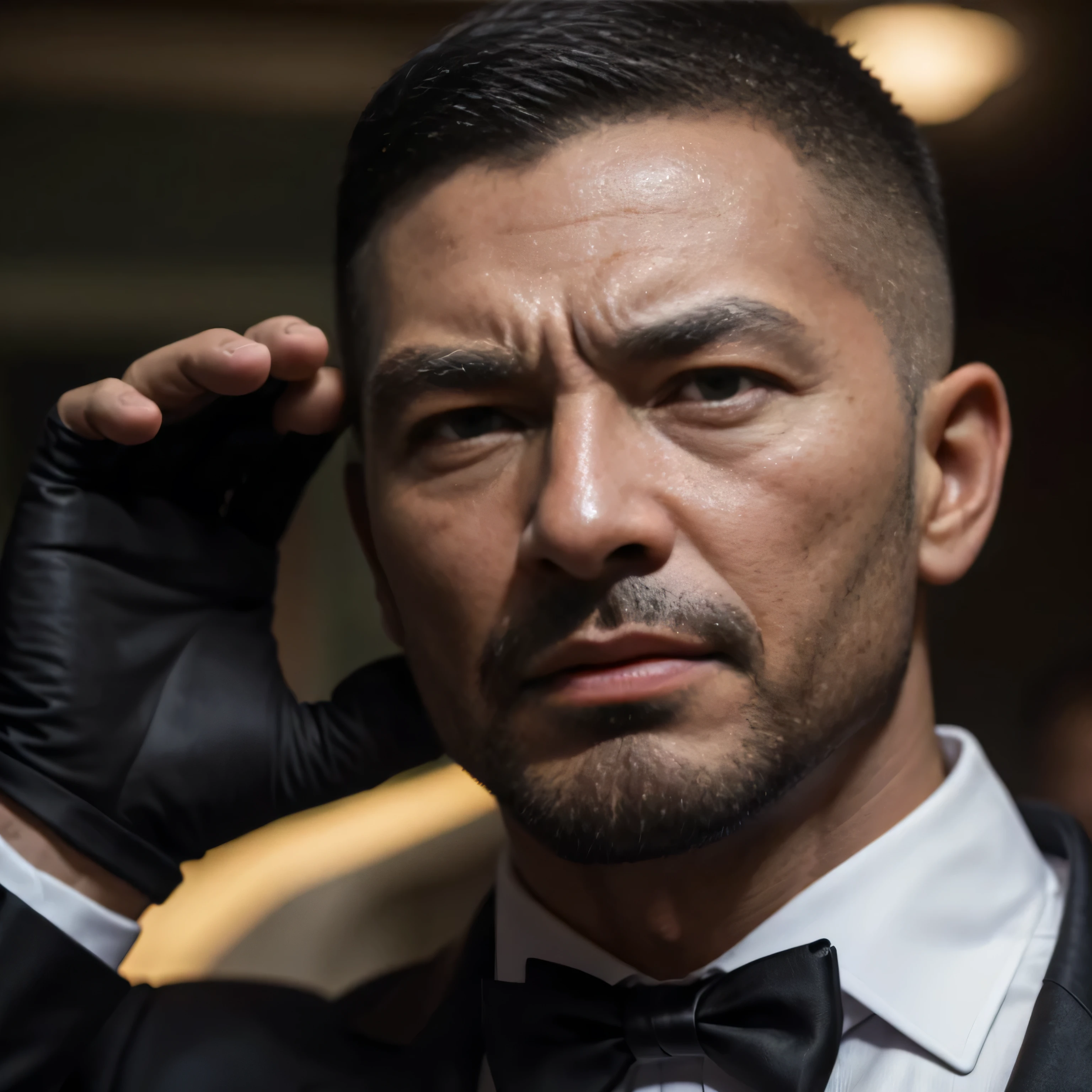 50 years old,1 person muscular 、 Face Up 、 black suit 、black tie、In combat、outside、logic, , black hair、Short Hair。 very short hairstyle、Hairstyle for all back hair　Asian scary face　Yakuza　 members 　 sniper 、 raise your upper body　 black gloves　Combatant　 Face Up 　強面の Face Up 　 Face Up 　Front 　 painful face 　 painful face 　 Face Up 　 Face Up 